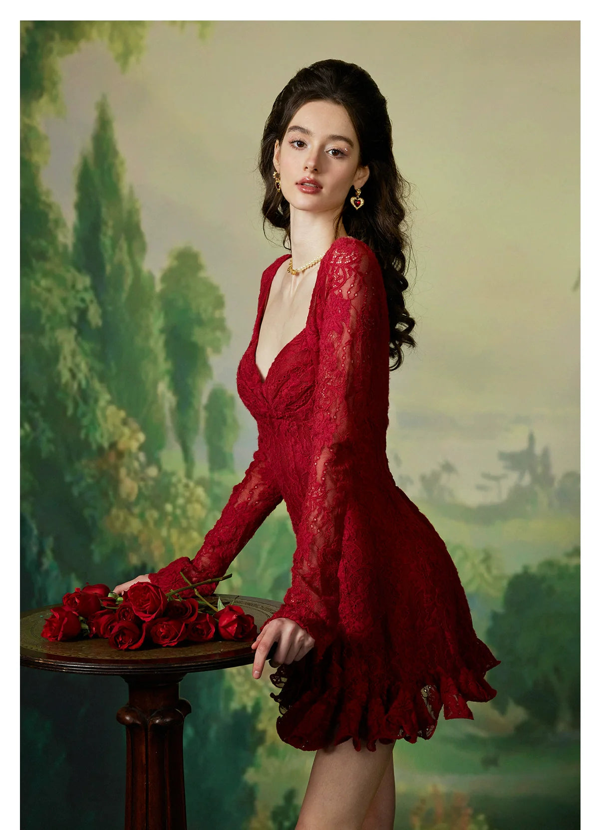 Laura Lace Waist-Cinched Long Sleeve Dress