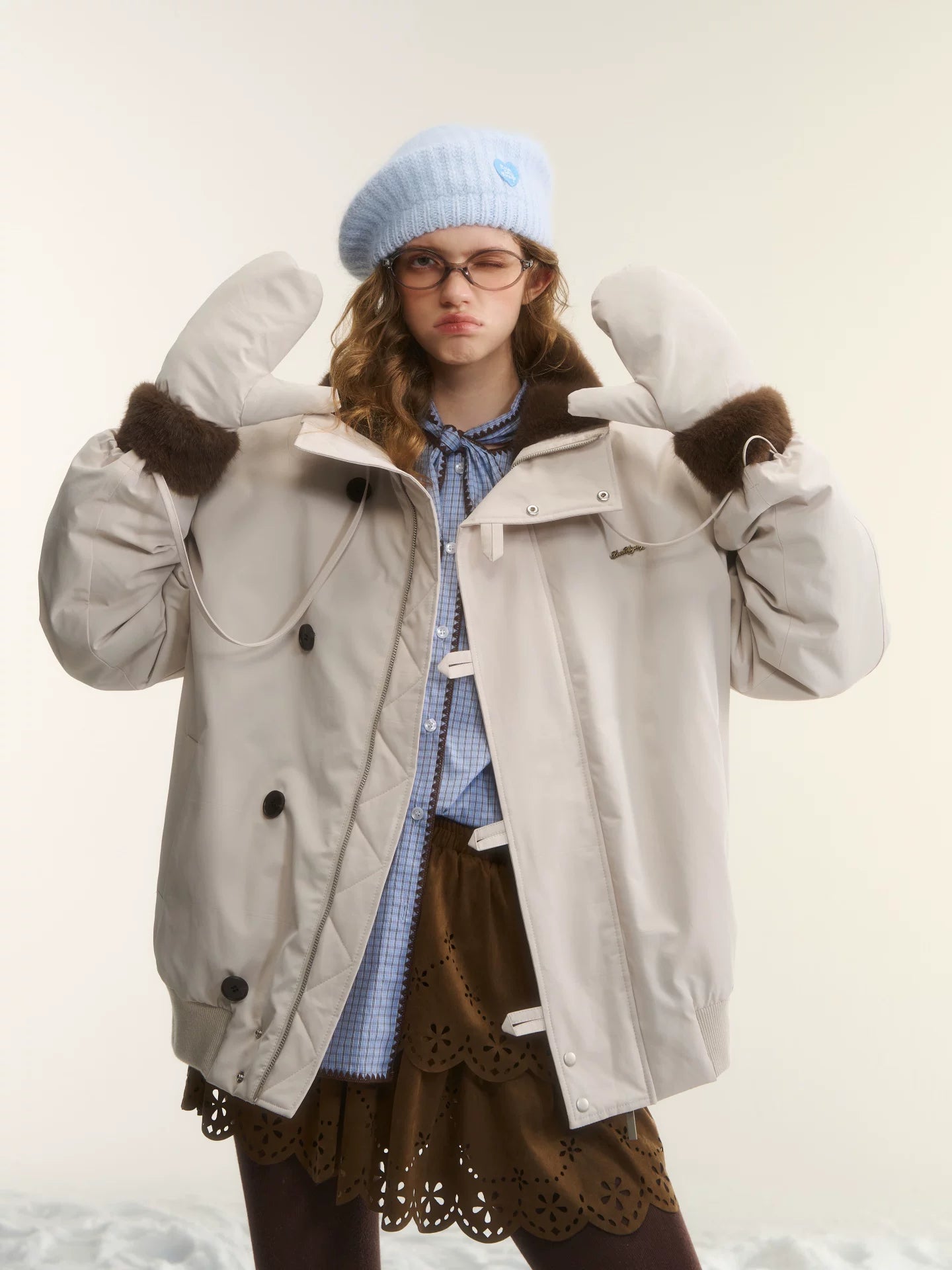 Beige Faux Mink Fur Jacket & Gloves Set