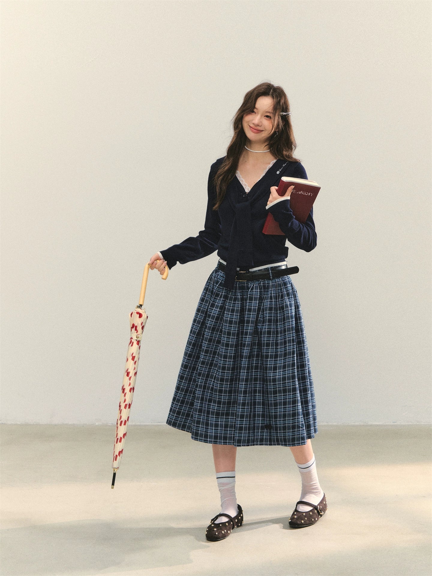 Blue Belted Plaid Skirt