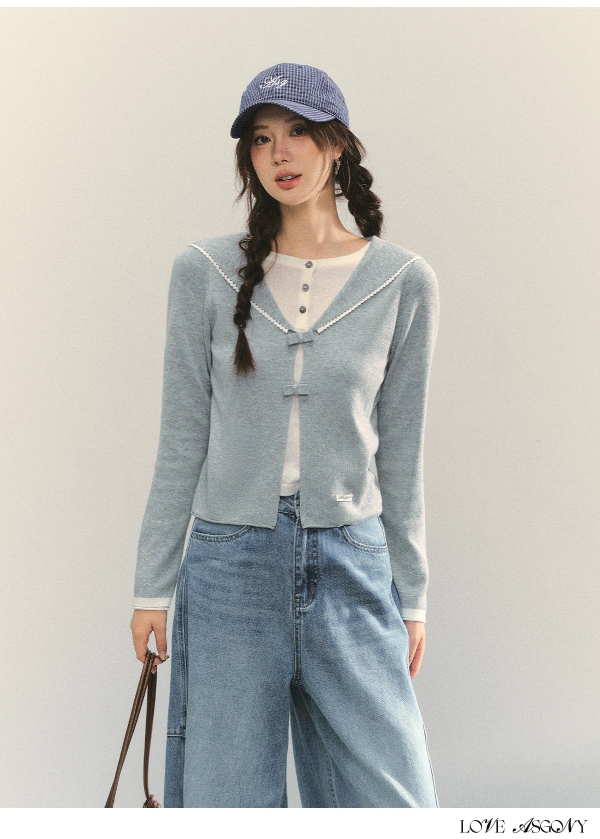 Navy Blue & Gray Sailor-Bow Knit Cardigan