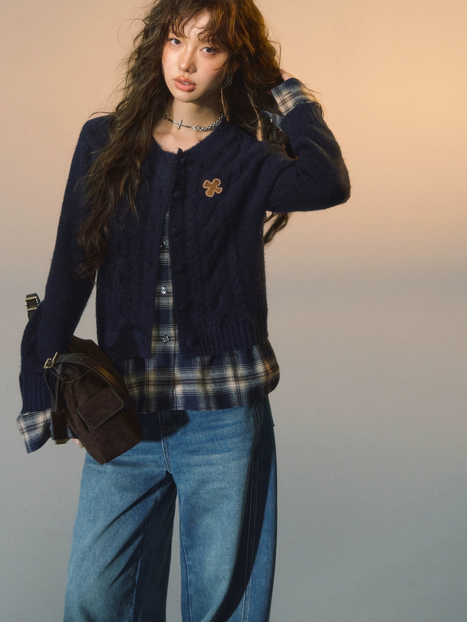 Plaid Layered Cable Cardigan
