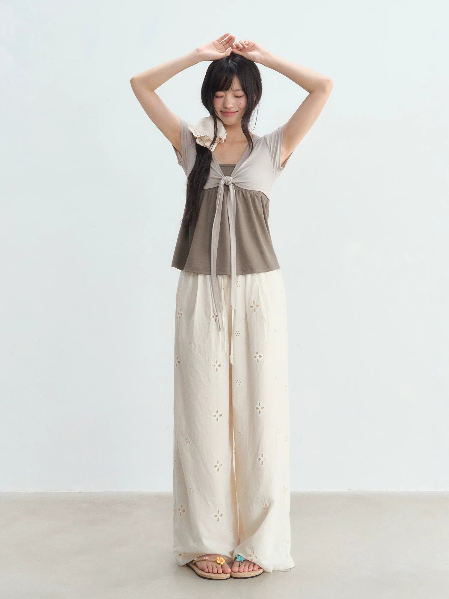 Fake Two-Piece Tie Blouse & Pants Set