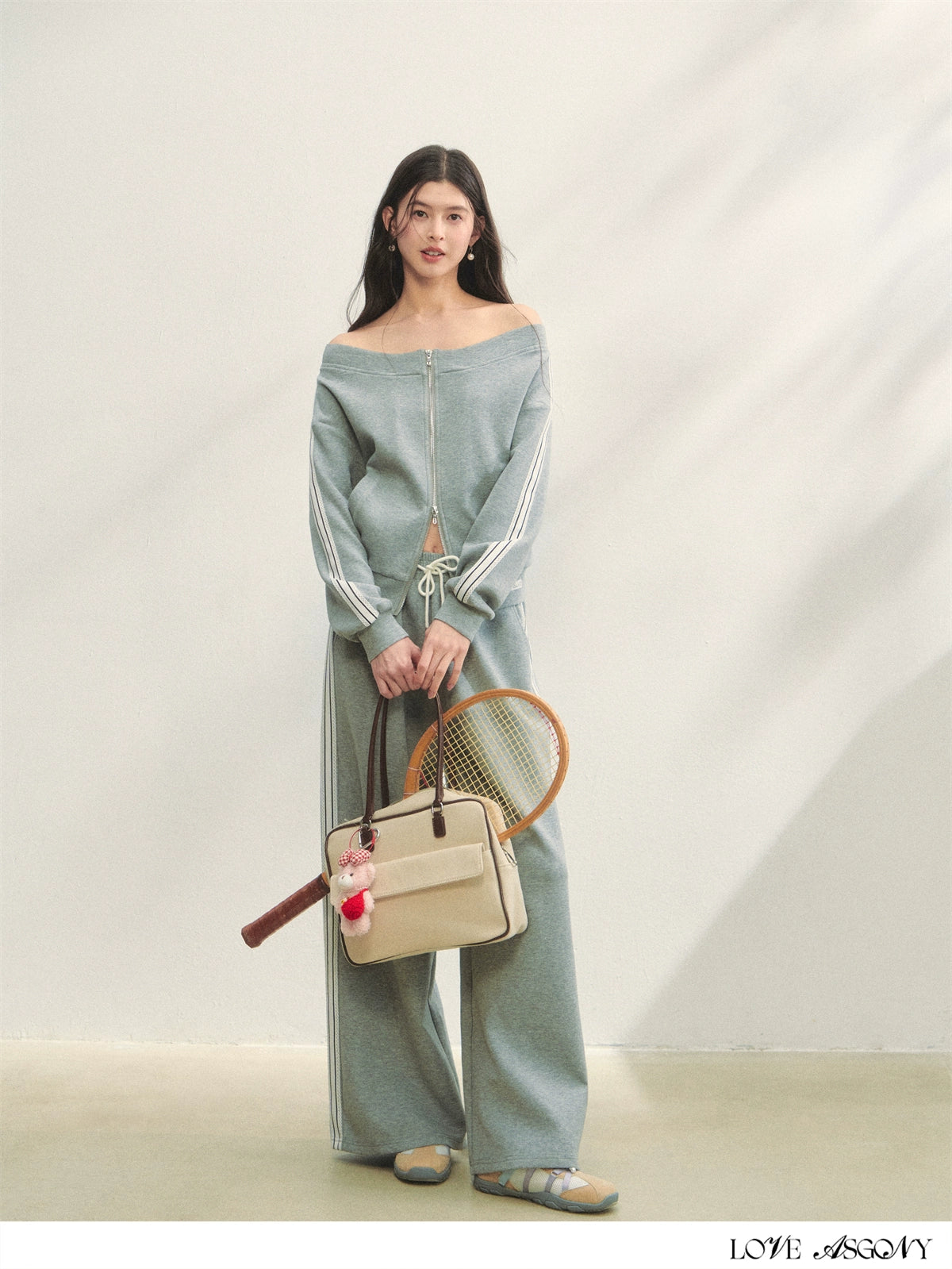 Off-Shoulder Zip-up Sweatshirt & Pants Set