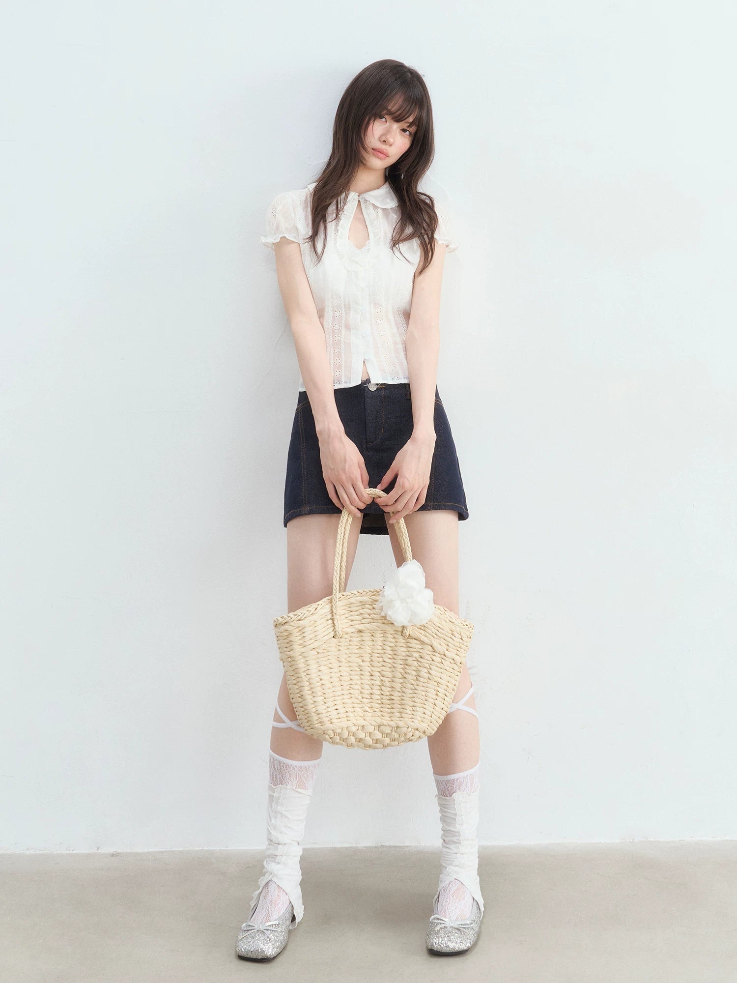 Eyelet Doll Collar Blouse & Skirt Set