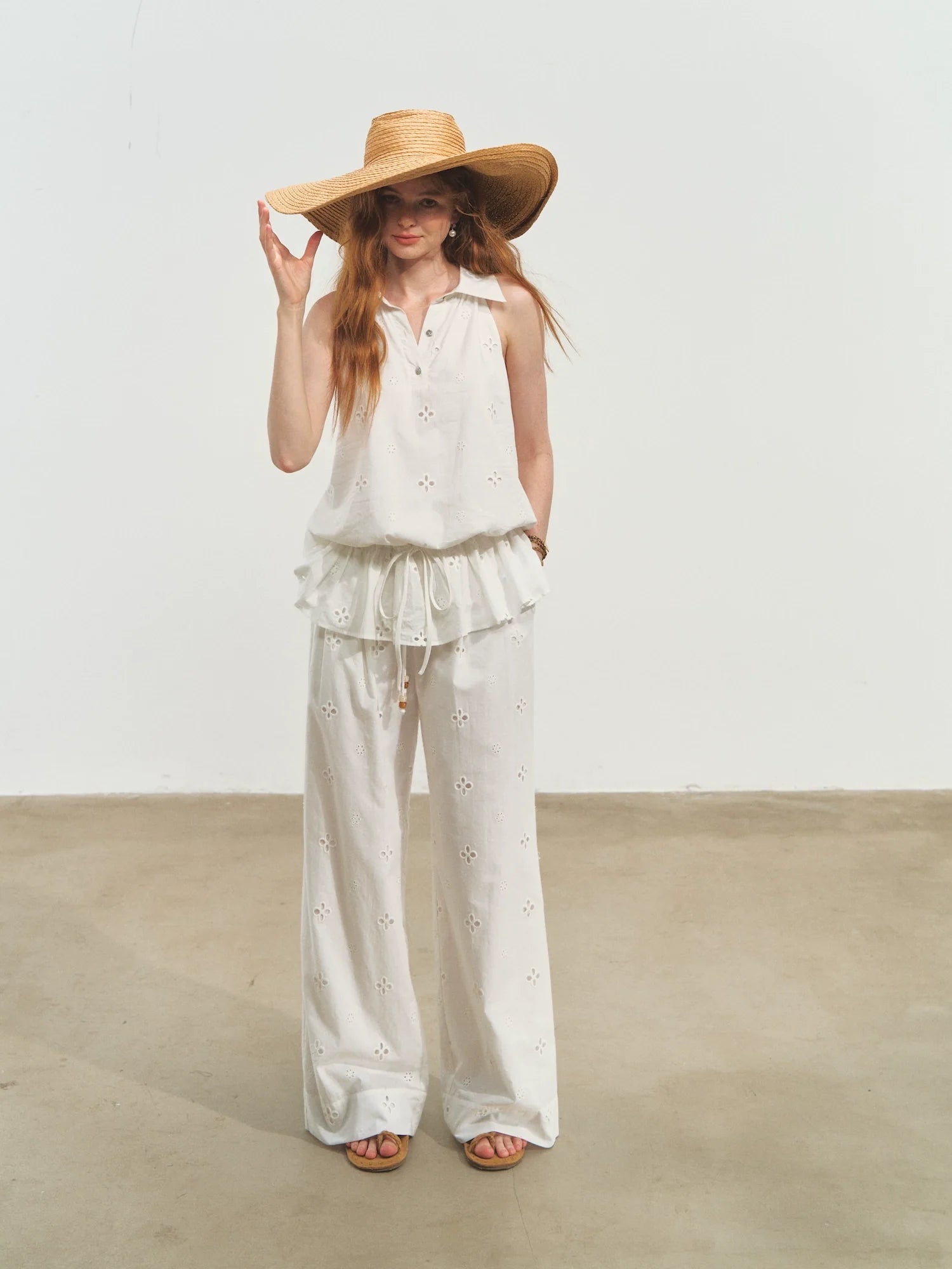 High-Waisted Drawstring Straight Wide-Leg Pants