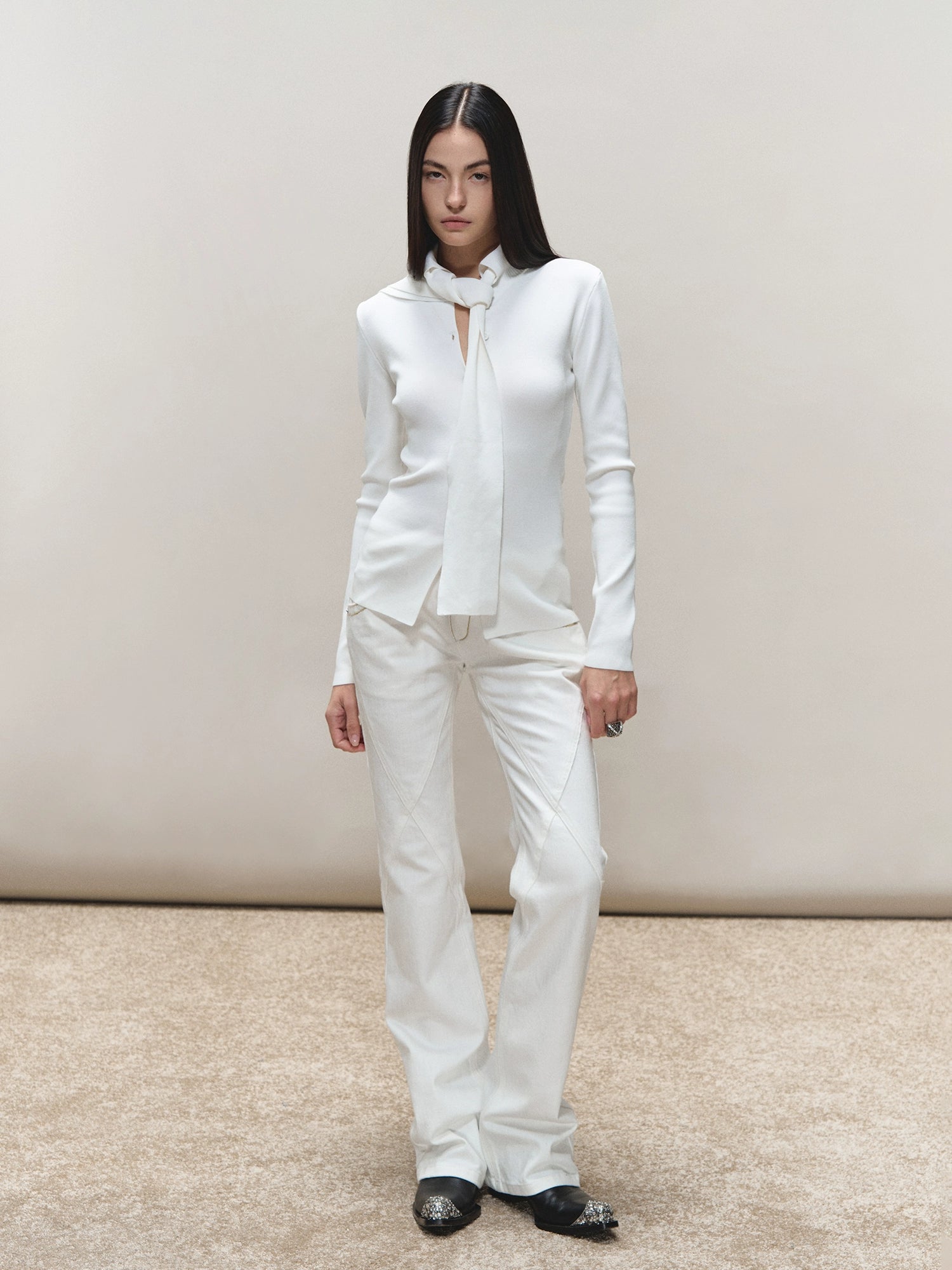 Vintage-Wash Seam-Panel White Jeans