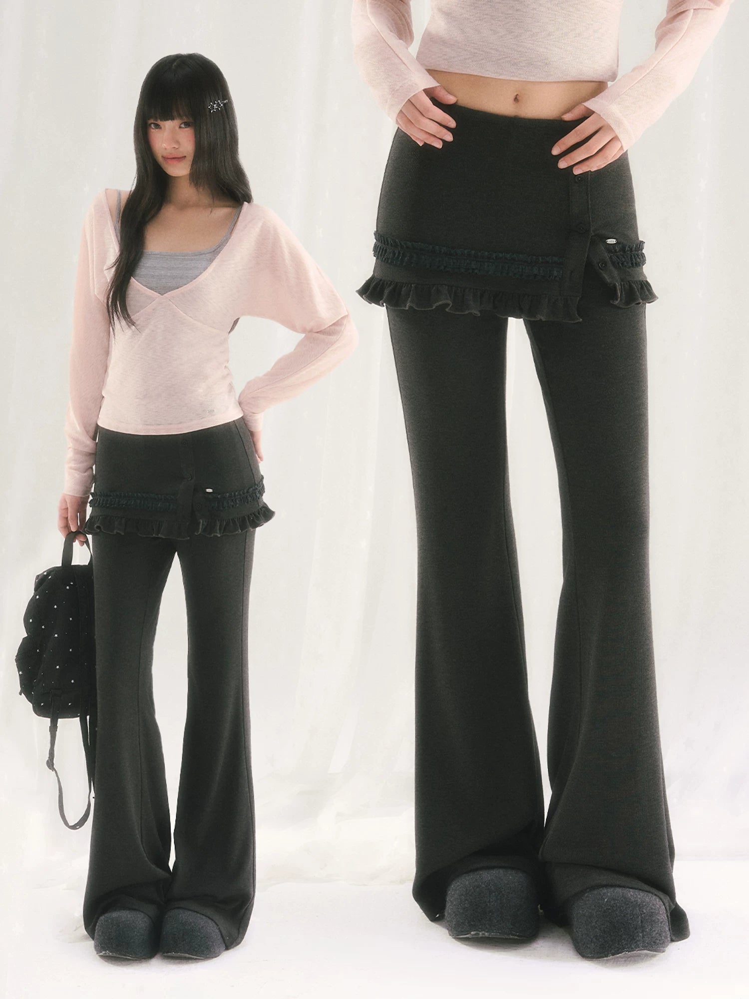 Gray Layered Flare Pants