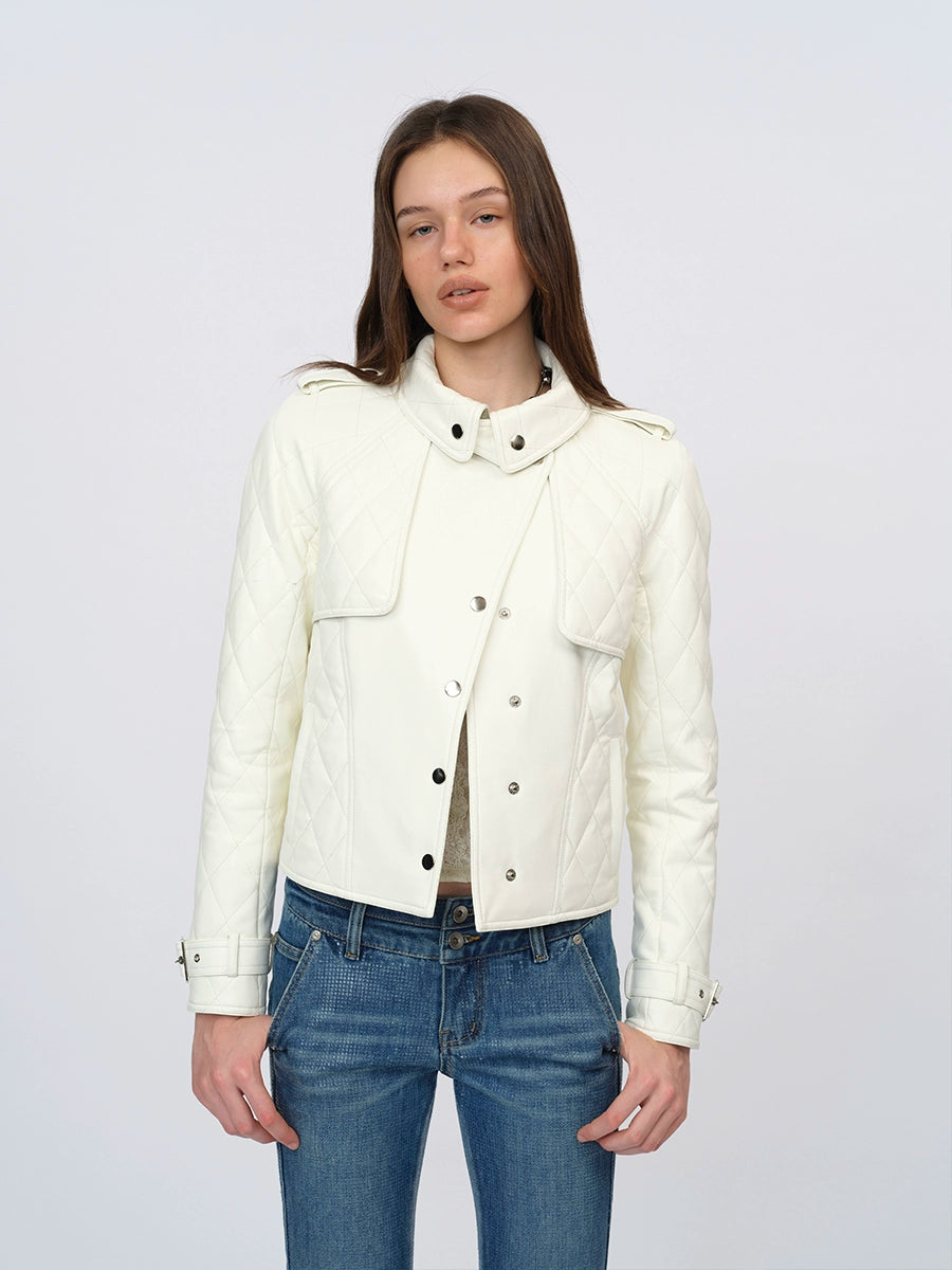 White Paneled Fitted Faux-Leather Jacket