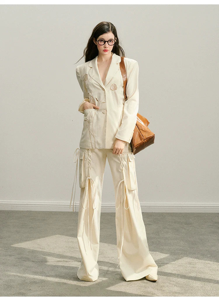 Black & Ivory White Tie-Waist Wide-Leg Pants