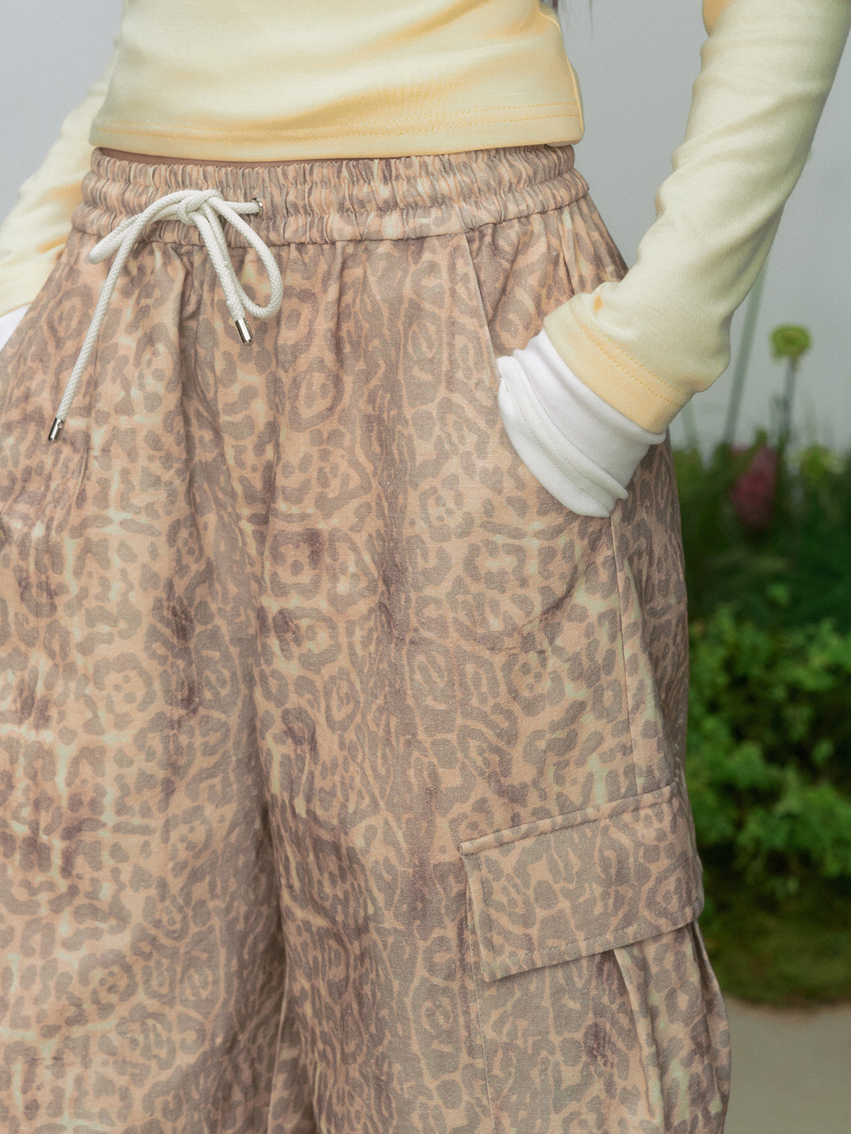 Leopard Print Cargo Drawstring Wide-Leg Pants