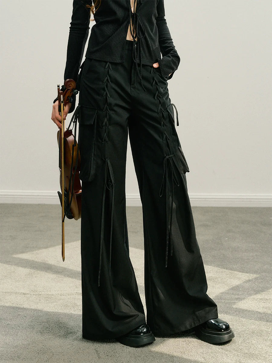 Black & Ivory White Tie-Waist Wide-Leg Pants