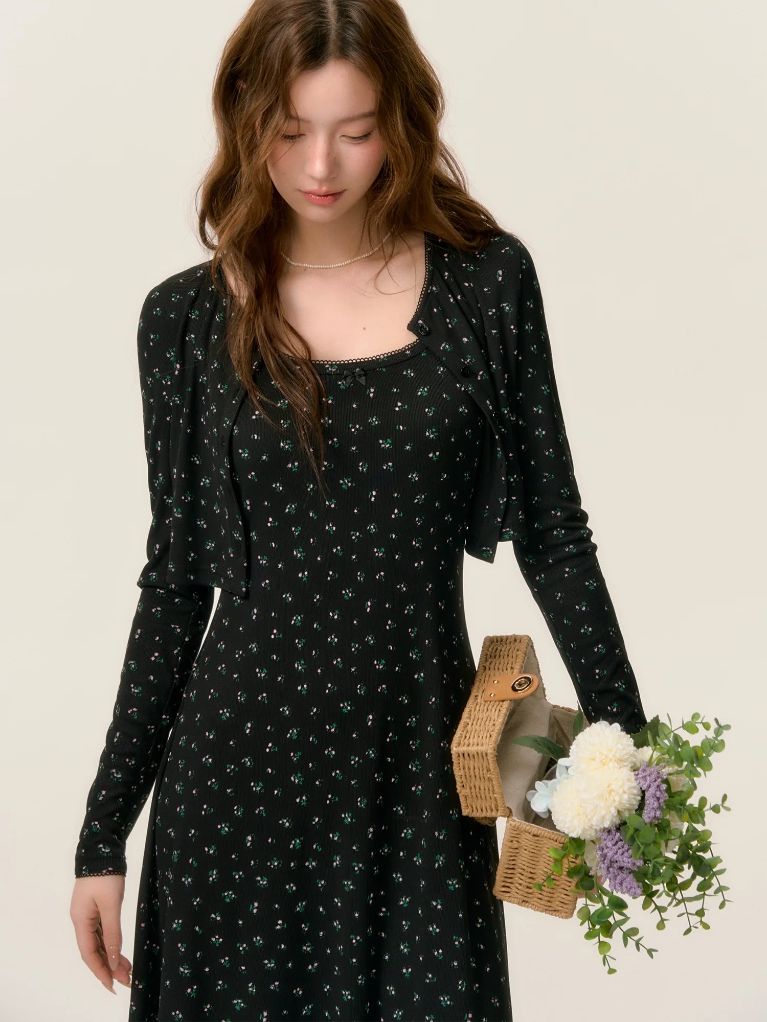 Dropped Shoulder Floral Knit Dress & Cardigan Set
