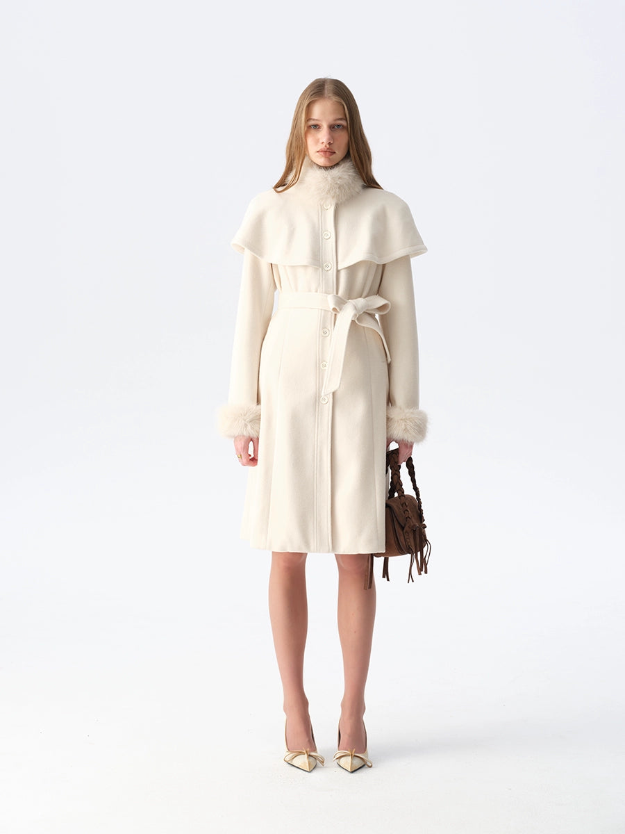 Detachable Fur Collar Cape Coat