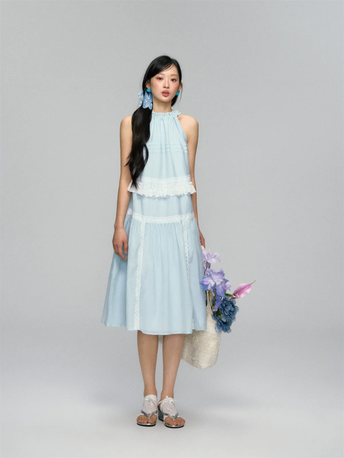 Halter Off-shoulder Lace-trimmed Dress