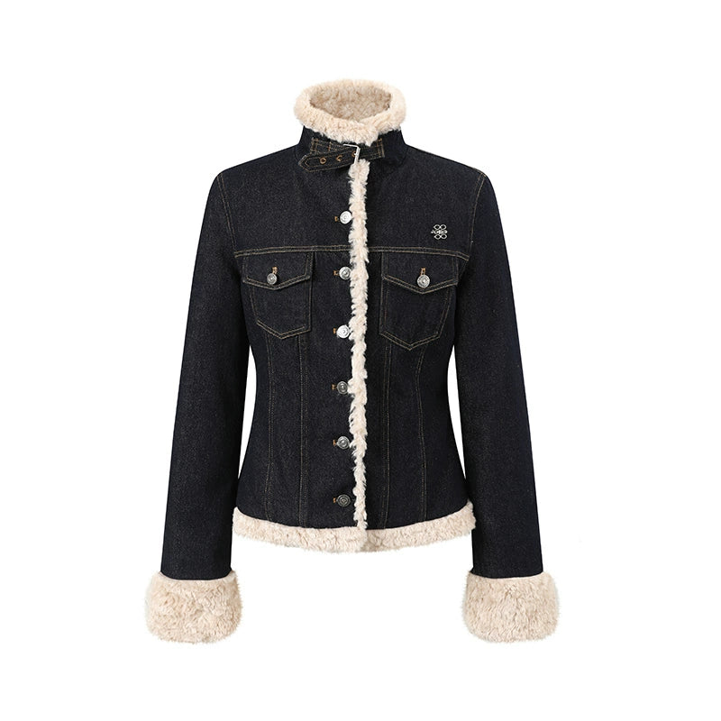 Denim Panel Fur-Trim Down Jacket
