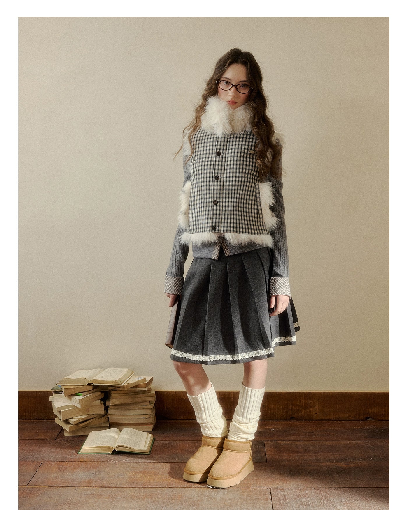 Polka-Check Reversible Faux-Fur Vest