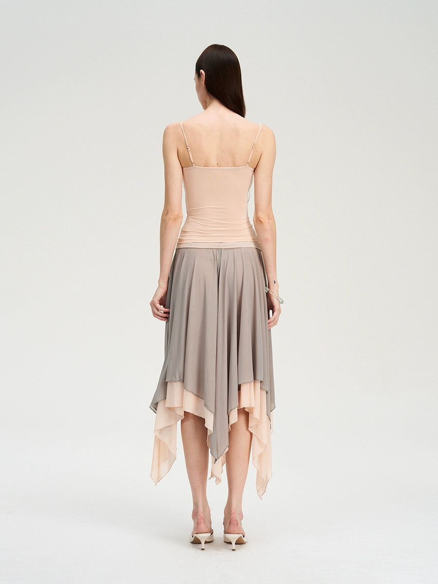 Colorblock Mesh Flared Midi Skirt