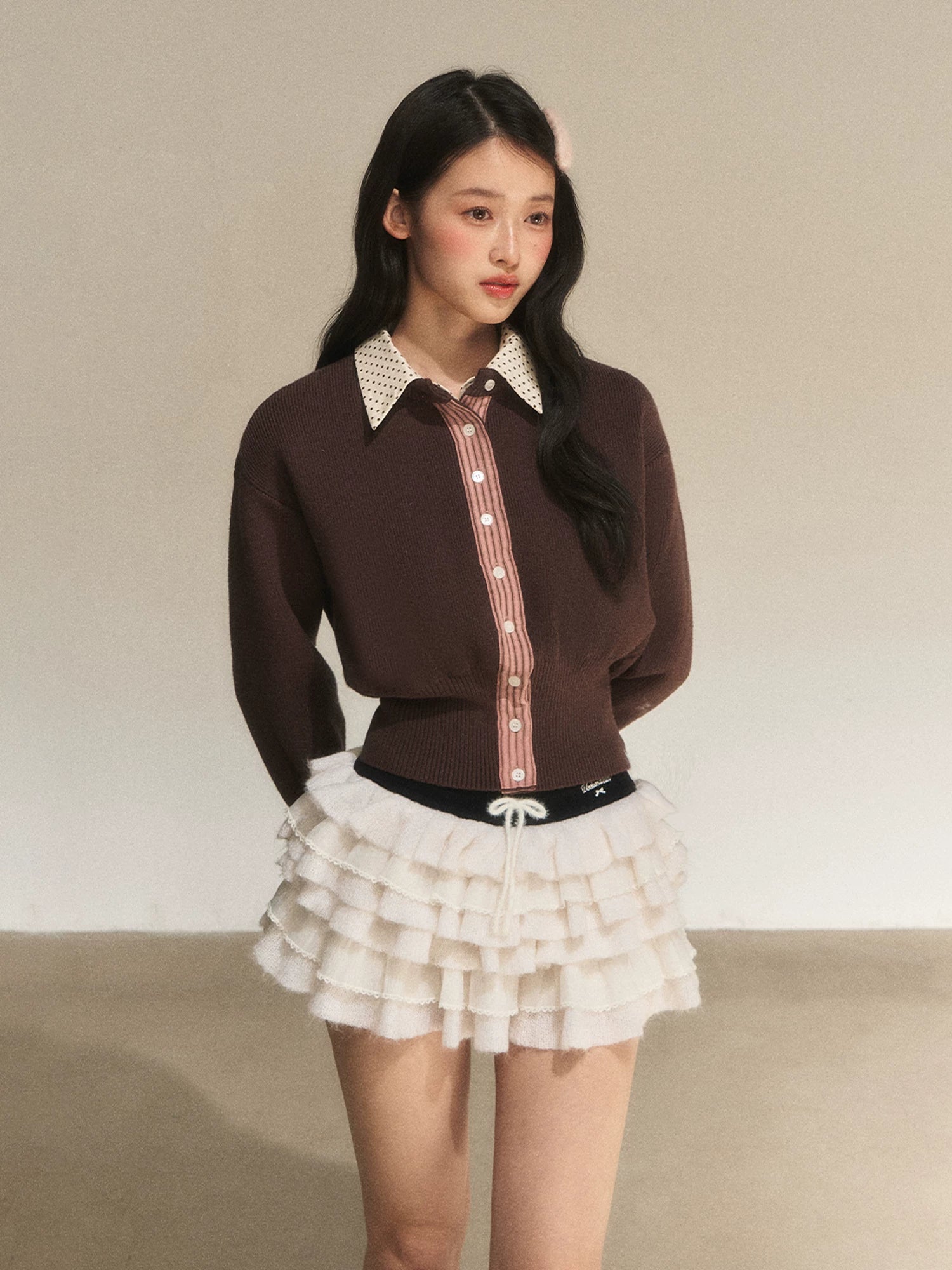 Brown Faux Layered Waist-Fitted Cropped Top