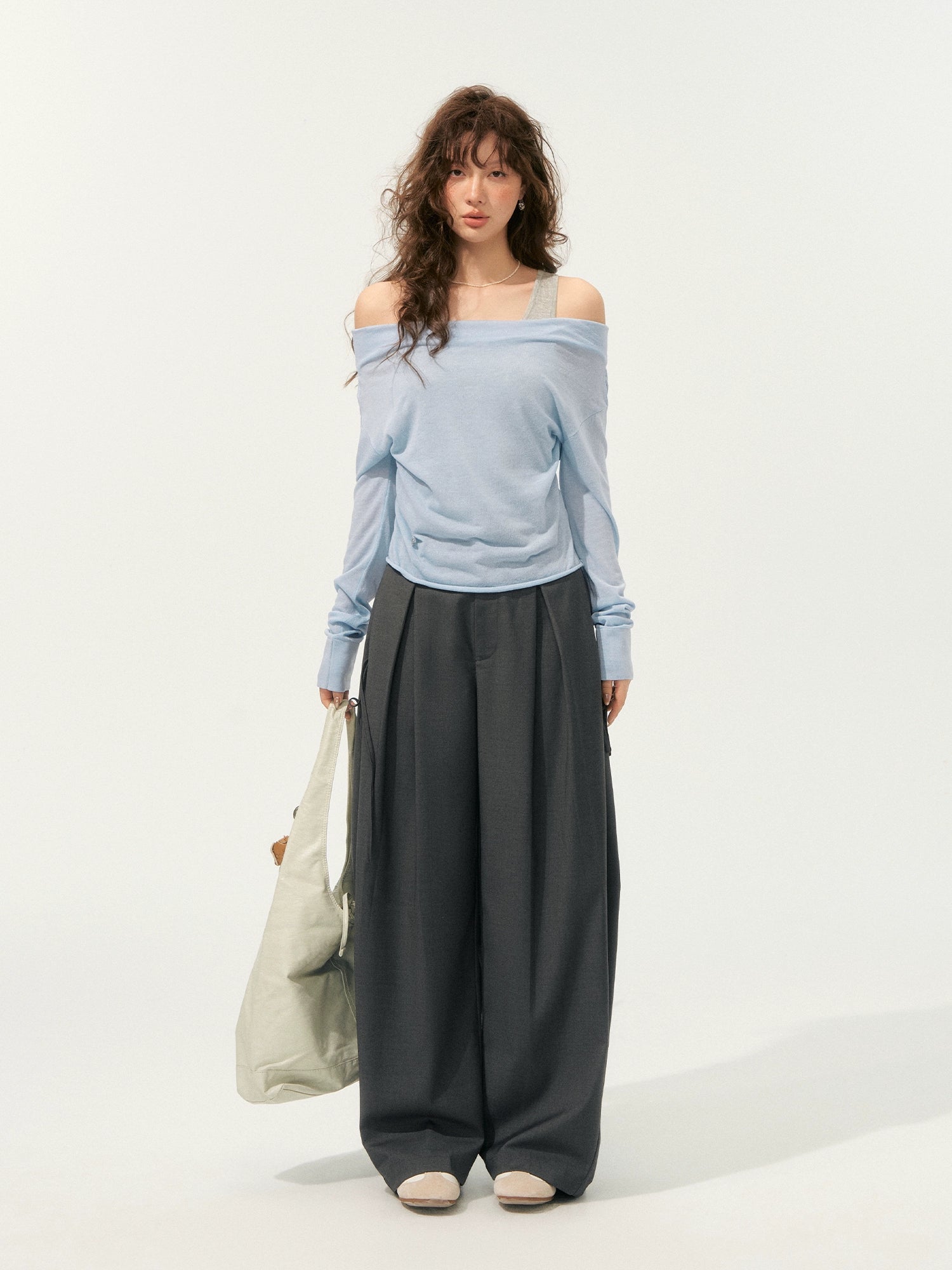 Fake Two-Piece Color-Block Draped Collar Knit Top