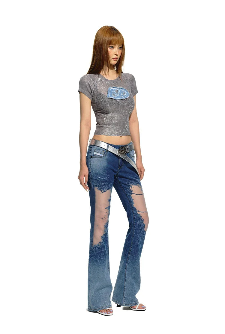 Blue Mesh Patchwork Low-Rise Flared Pants
