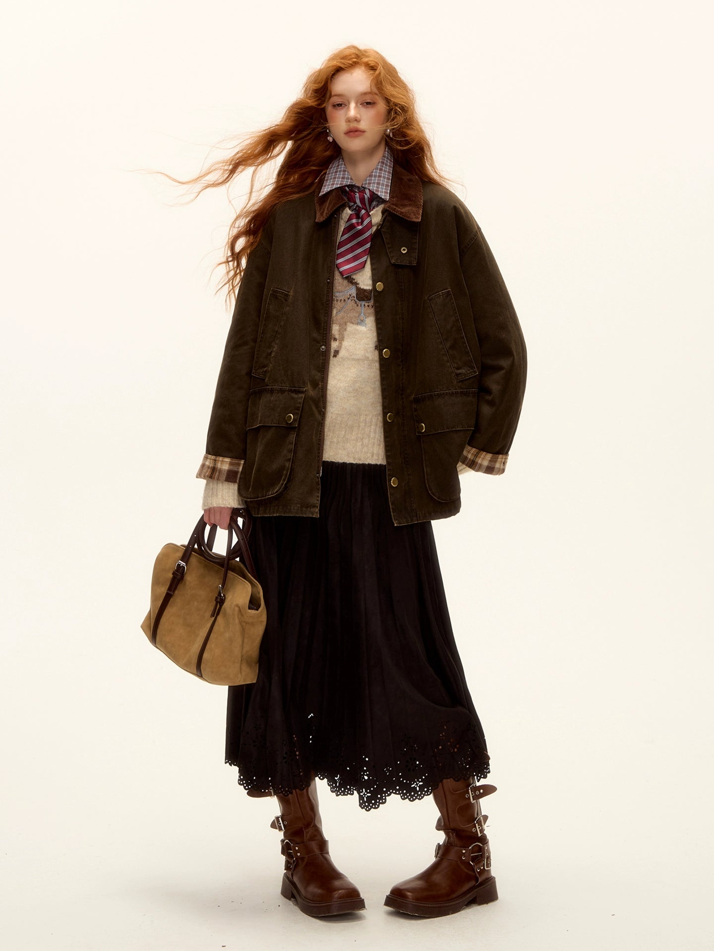 Eyelet Hem Suede Long Skirt