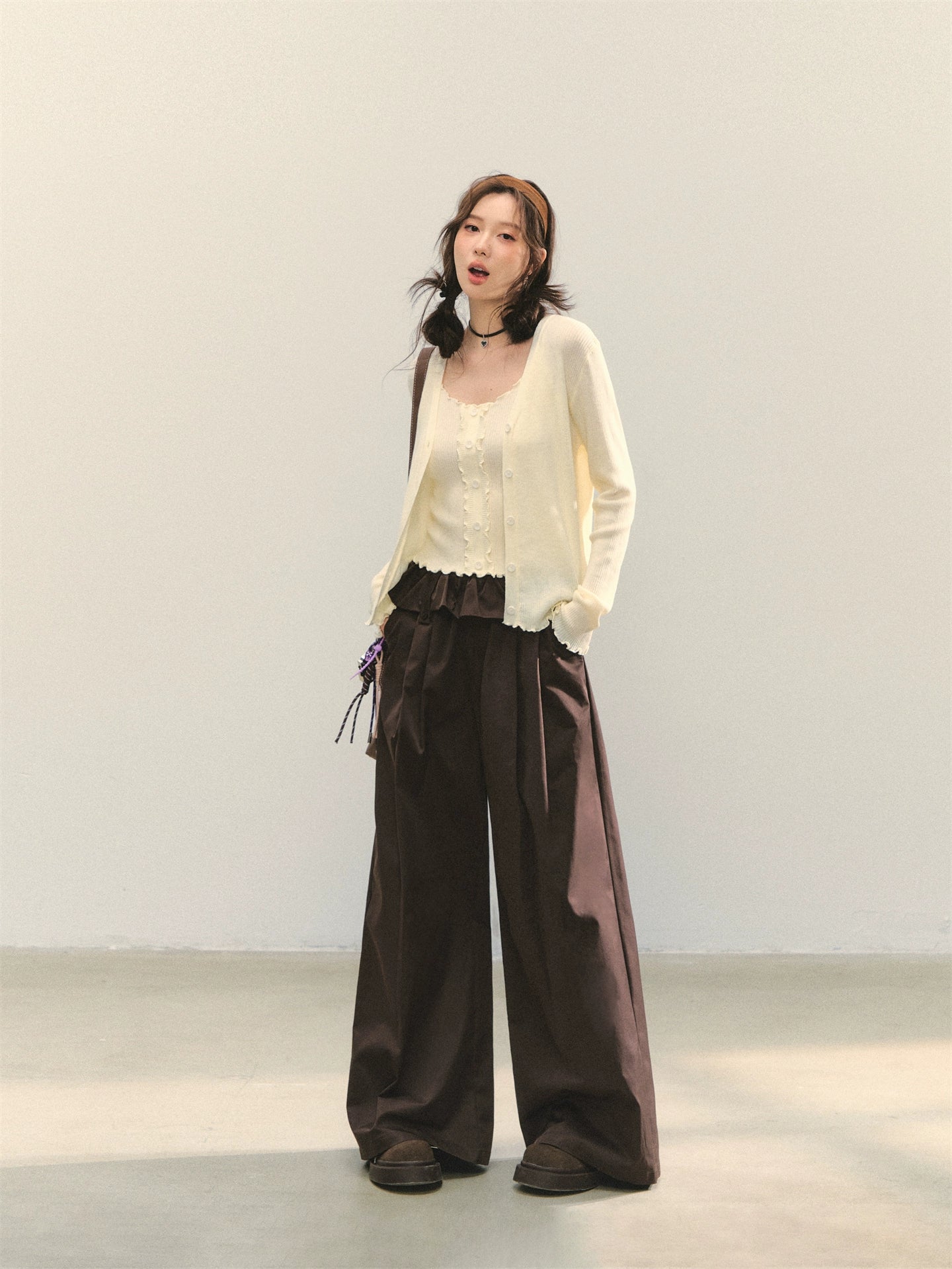 Brown & Black Fold-Waist Balloon Pants