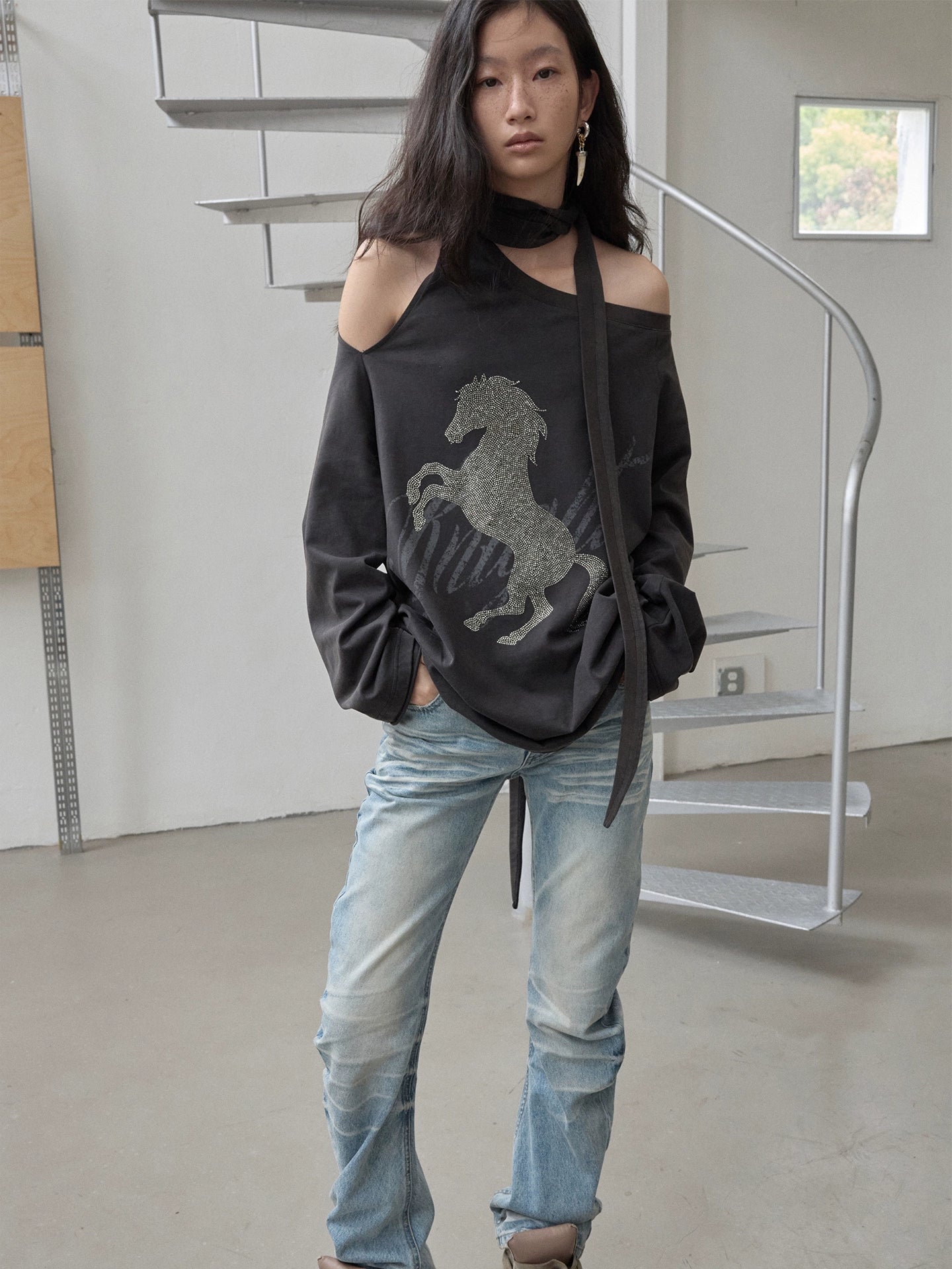 Rhinestone Graphic Off-Shoulder Tie Sweatshirt