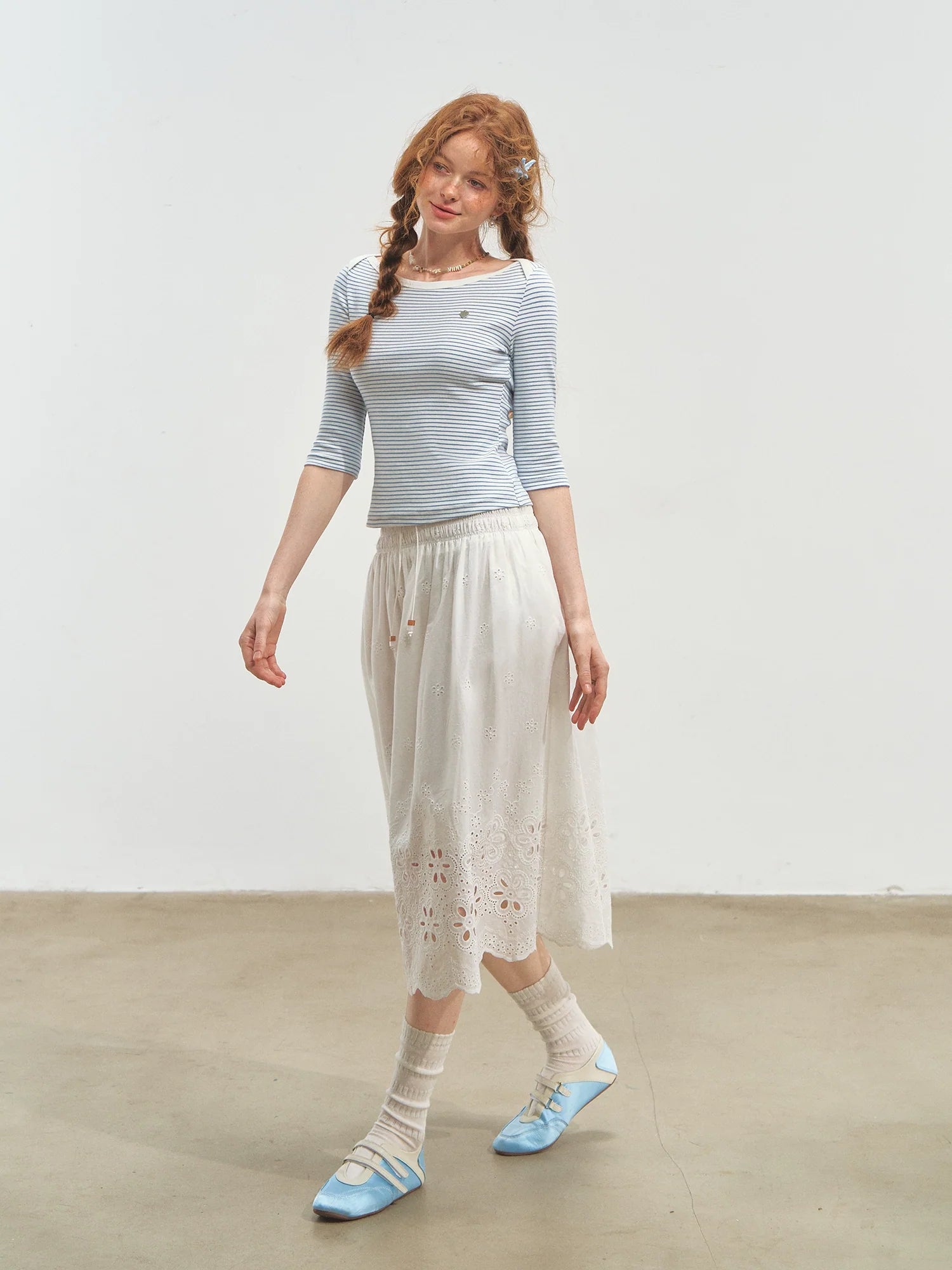 Envelope Neck Mid-sleeve Striped T-Shirt