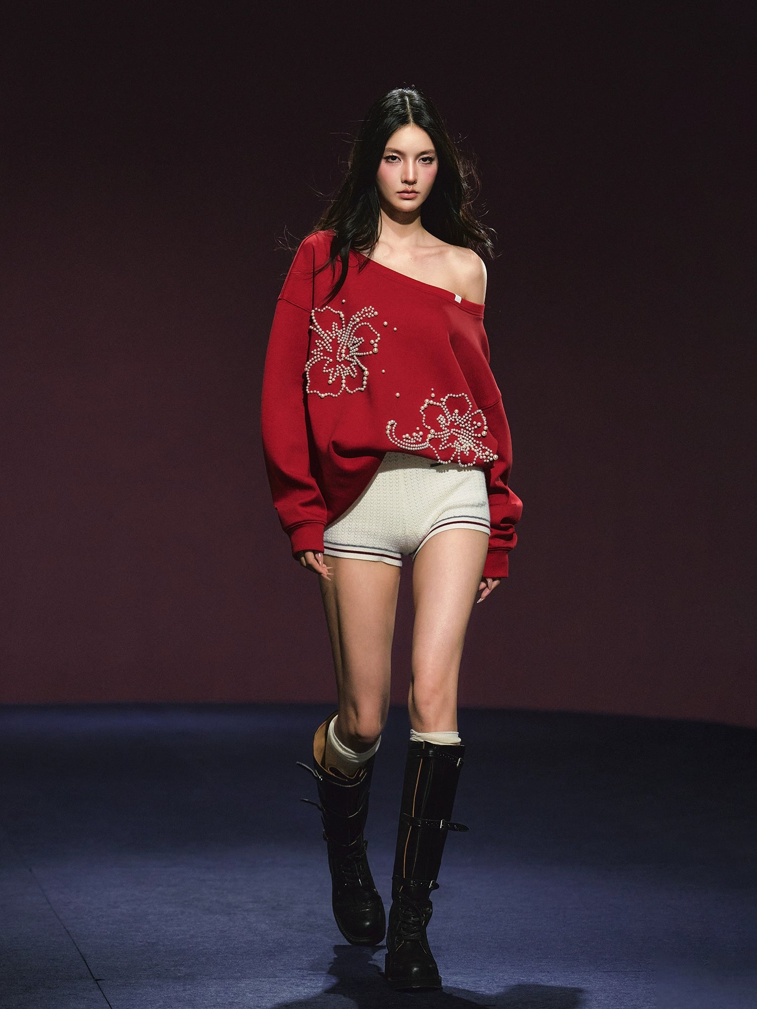 Pearl-Embellished Off-Shoulder Sweatshirt & Shorts Set