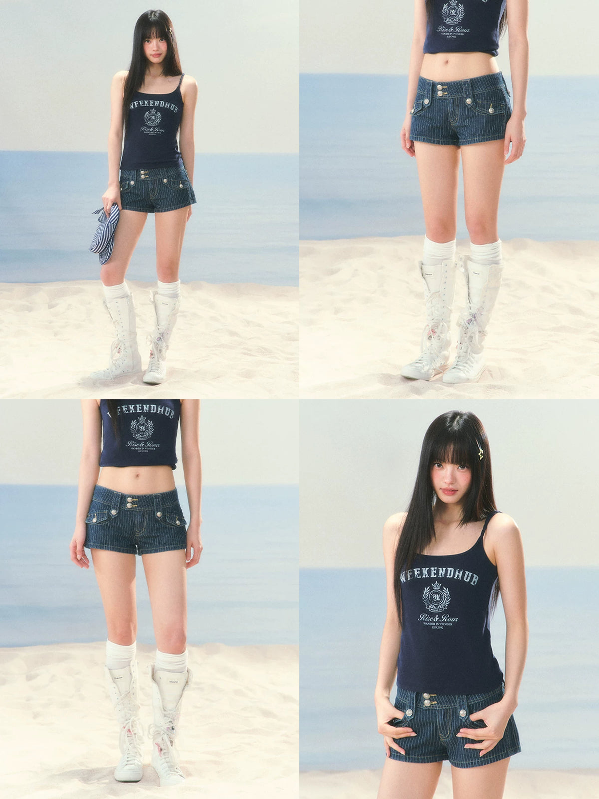 Striped Low-Waist Denim Shorts