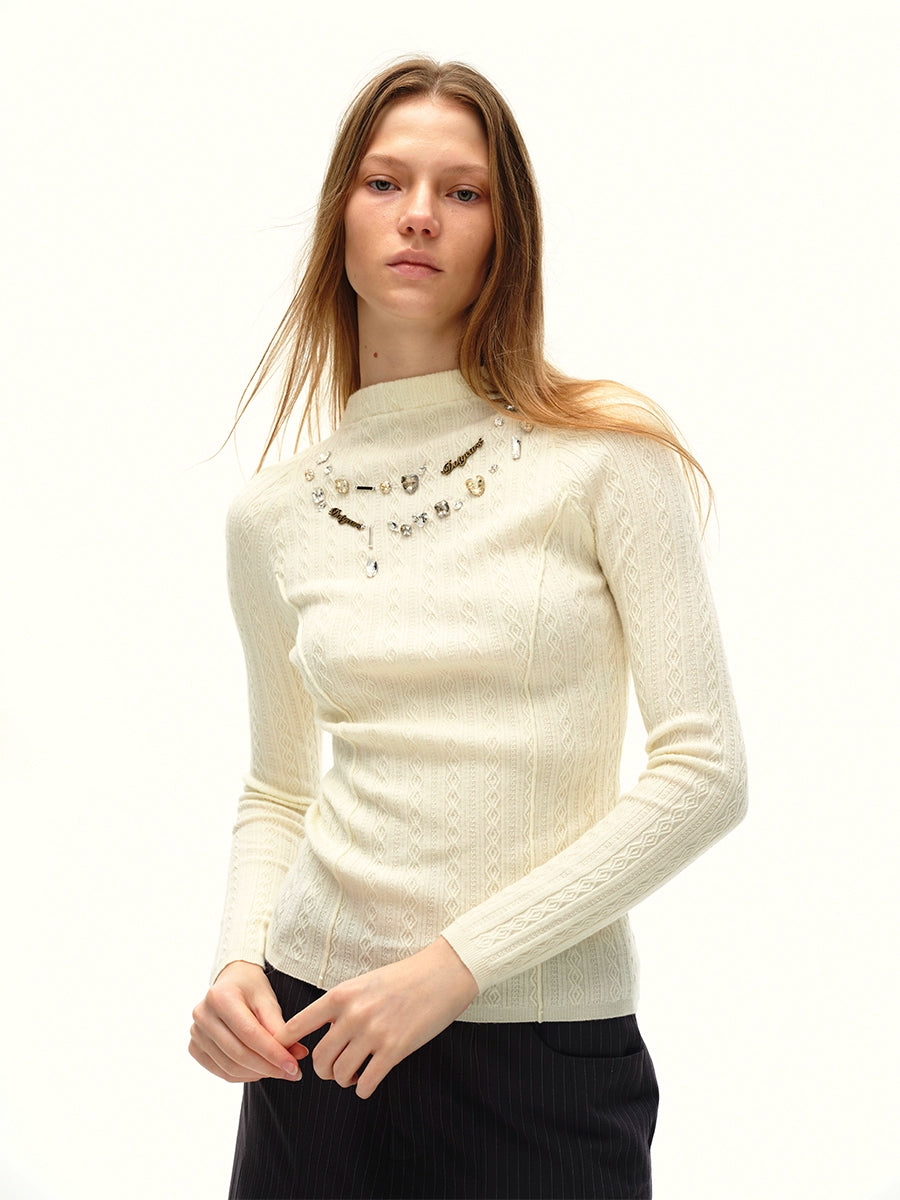 Ivory White Slim-Fit Hand-Stitched Brick Sweater
