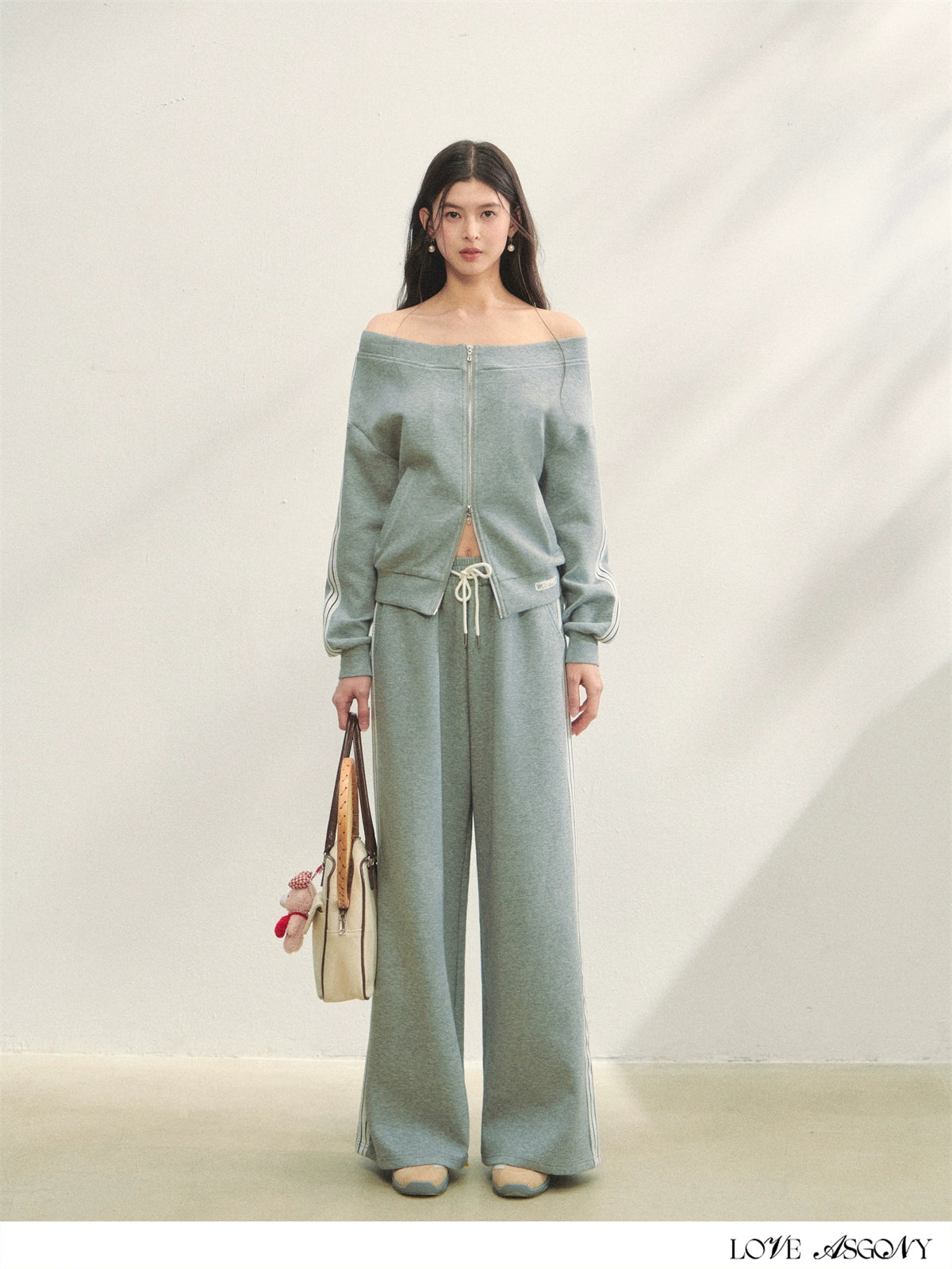 Off-Shoulder Zip-up Sweatshirt & Pants Set