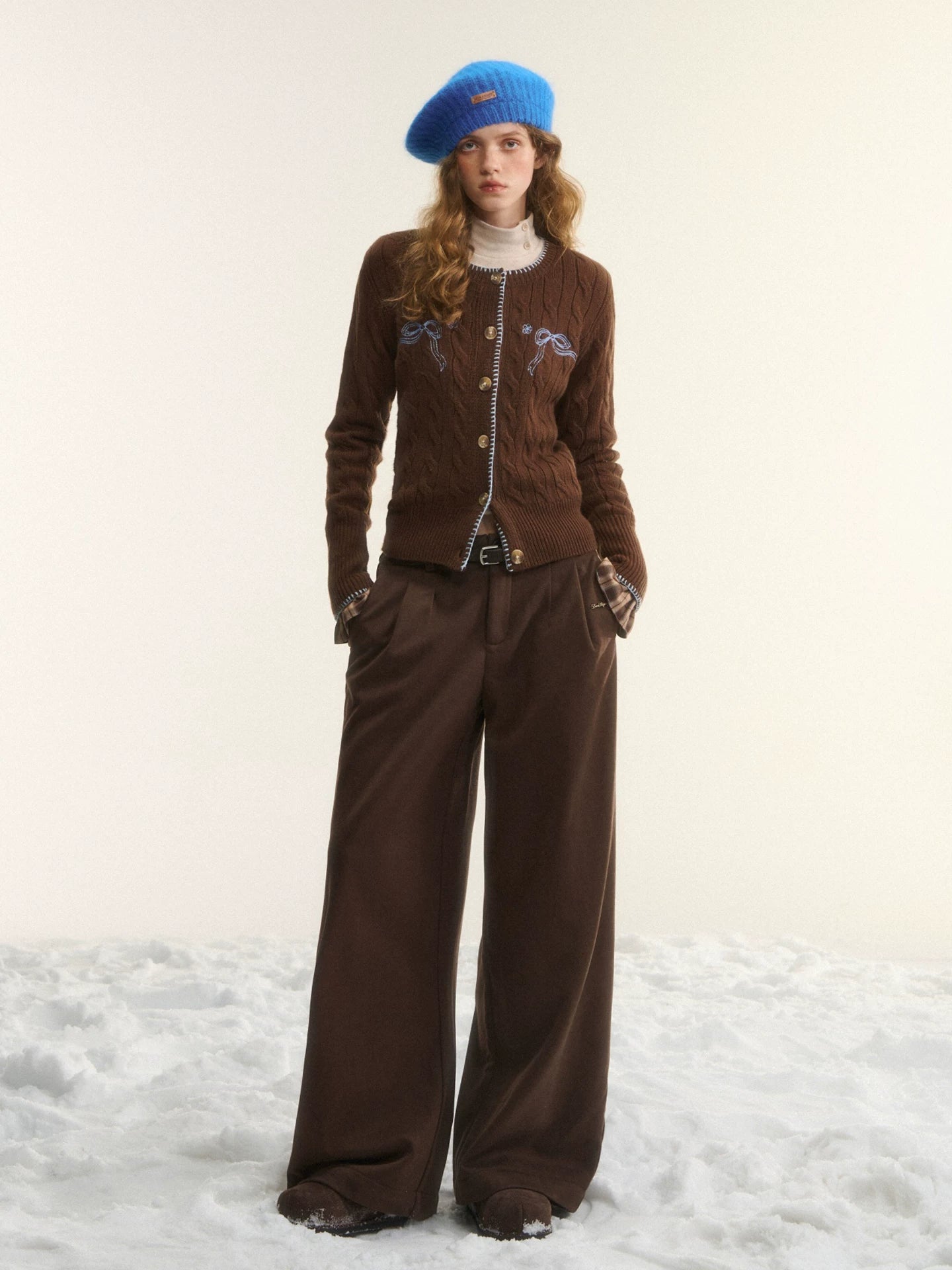 Brown Bow Embroidered Cable Knit Cardigan