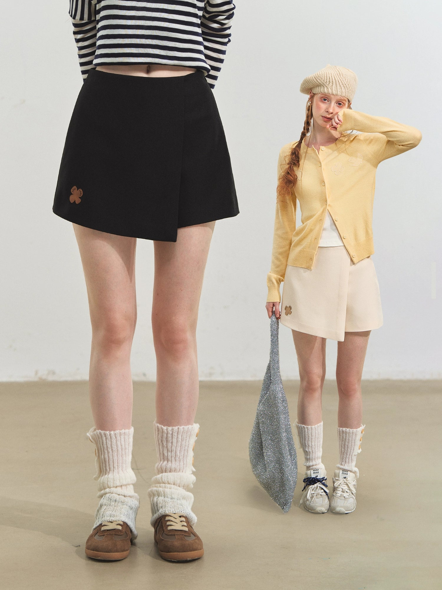 White & Black Floral Layered Shorts
