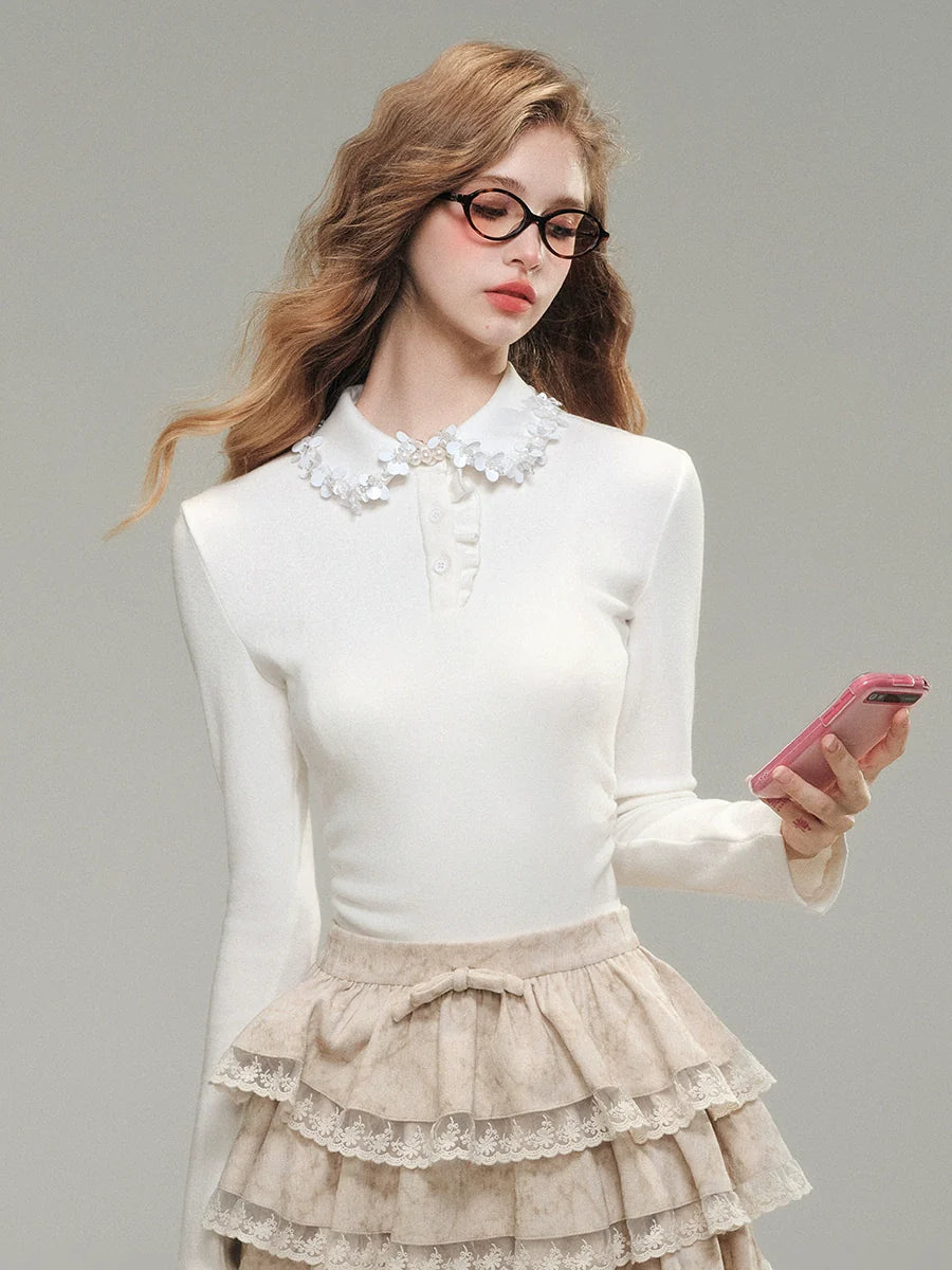 White & Gray Hand-Beaded Knit Shirt