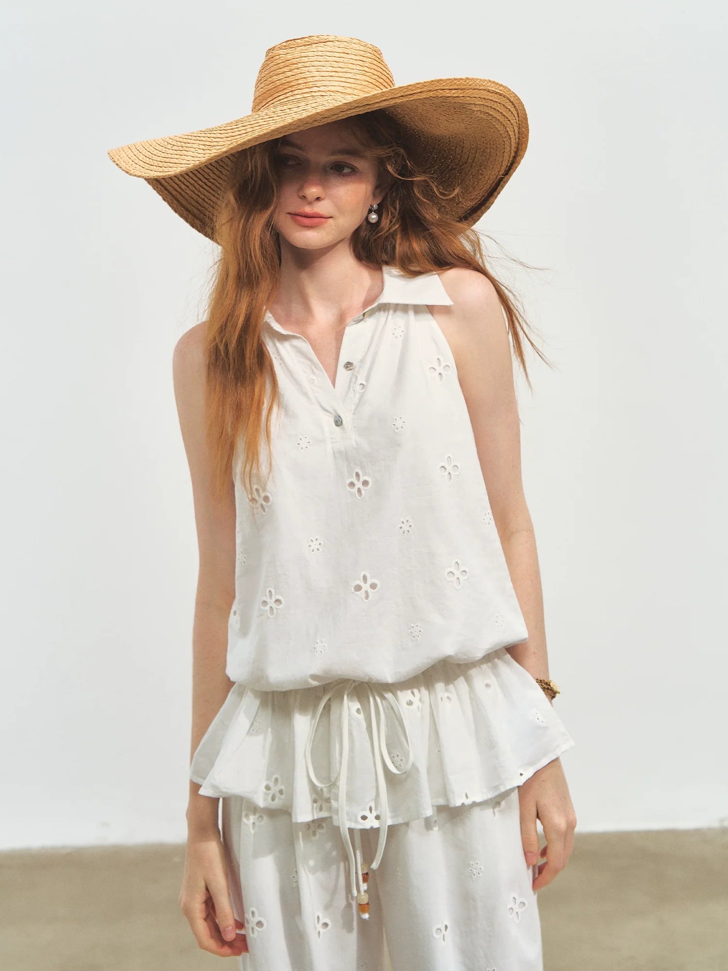 French-Style Printed Sleeveless Halter Tie-Up Top