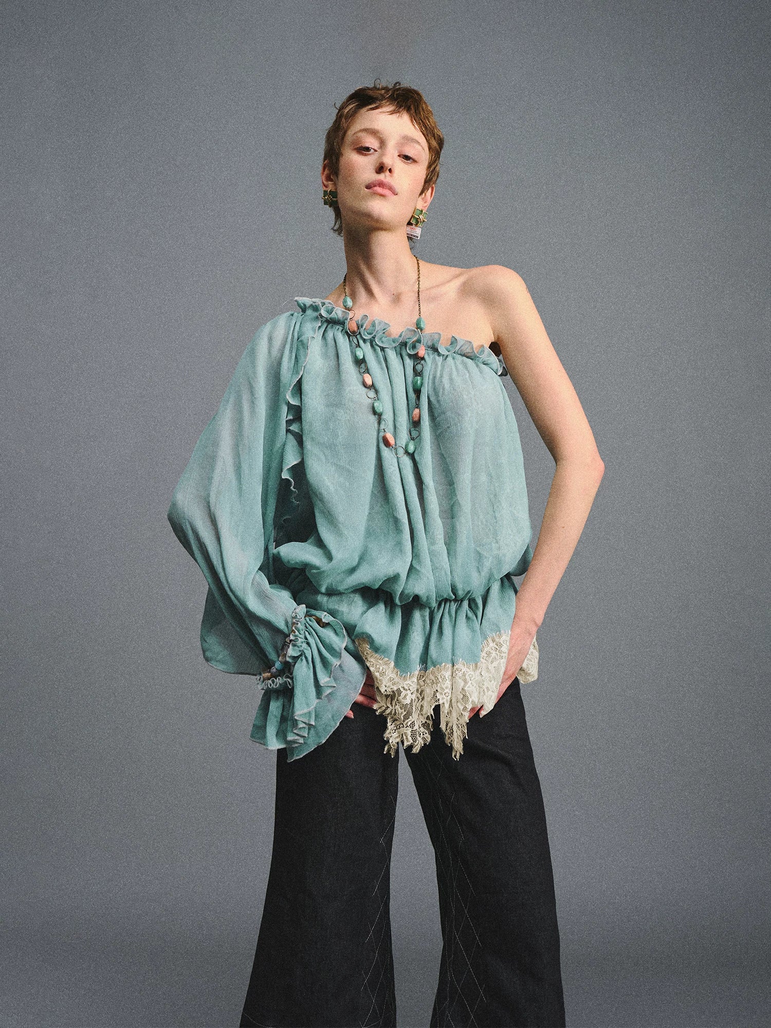Turquoise One-Shoulder Chiffon Blouse