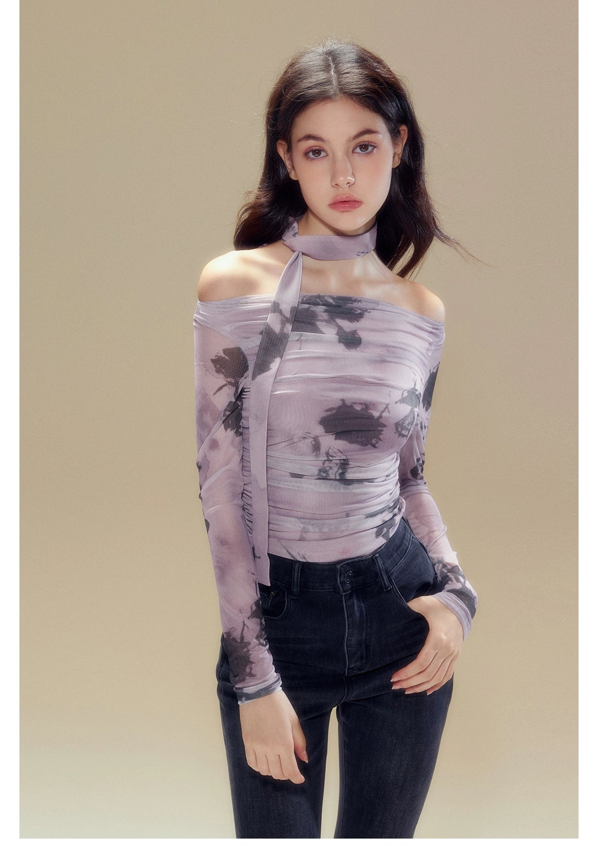 Purple Rose Printed Mesh Long Sleeve T-shirt