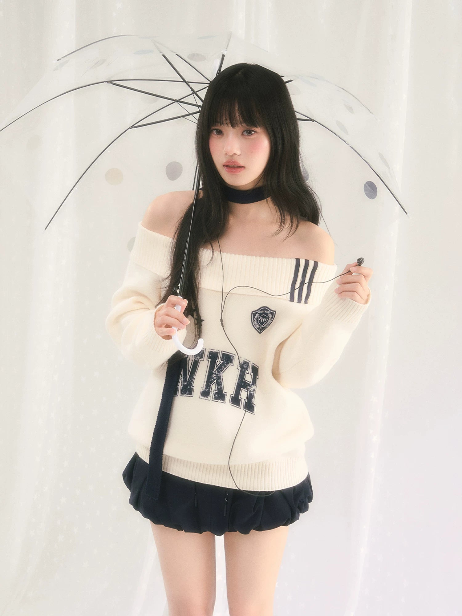 Letter Print Off-Shoulder Knit Sweater