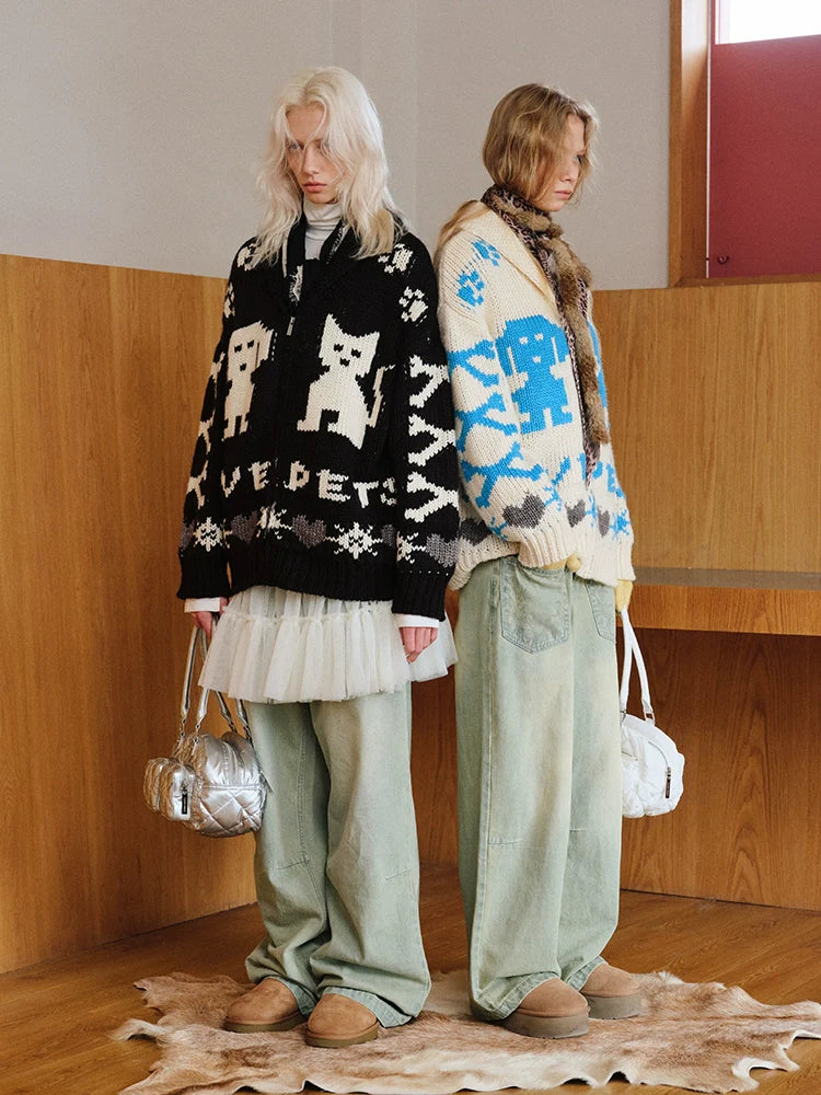 Vintage Jacquard Chunky Knit Cardigan