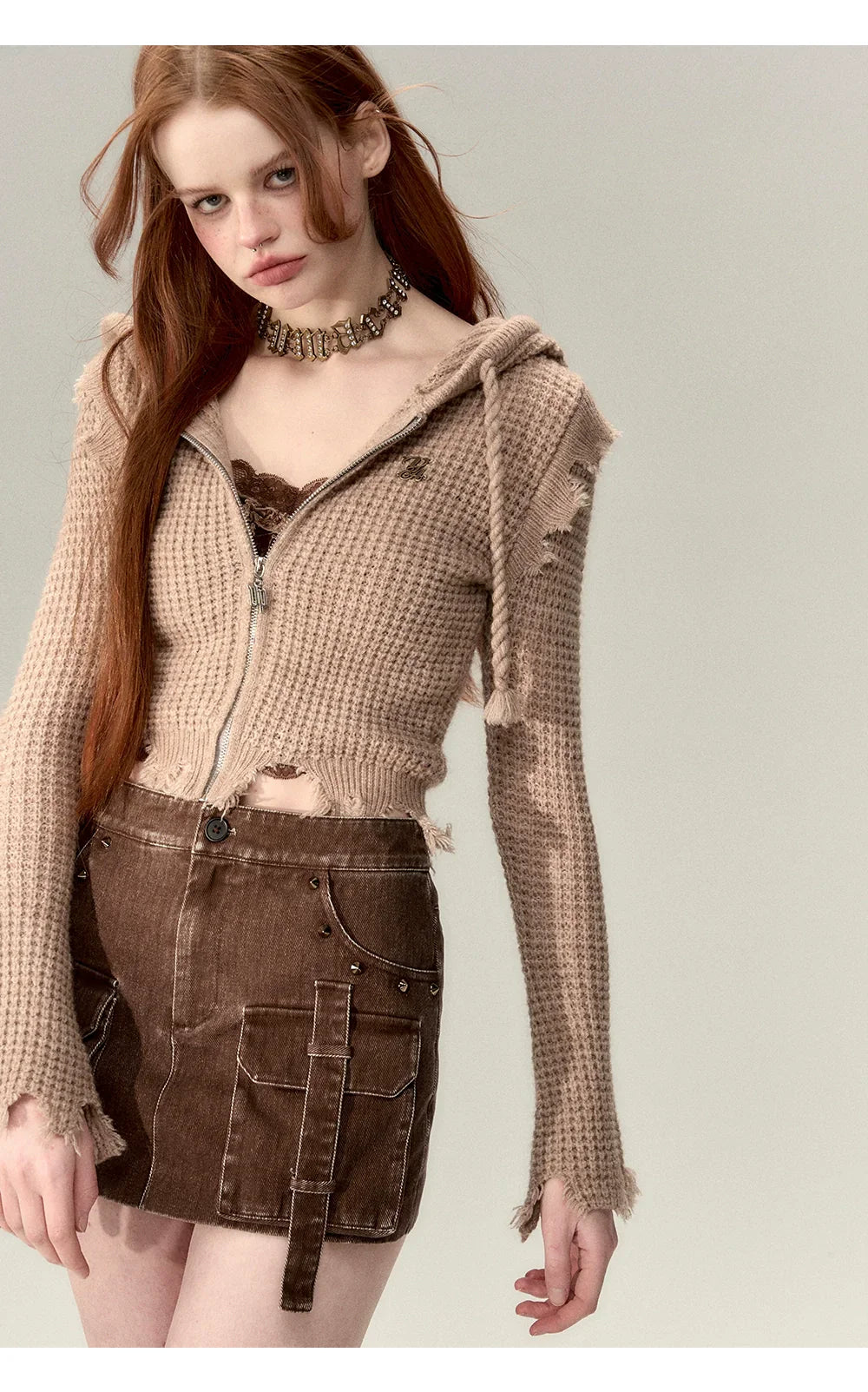 Fringe Waffle-Knit Cardigan