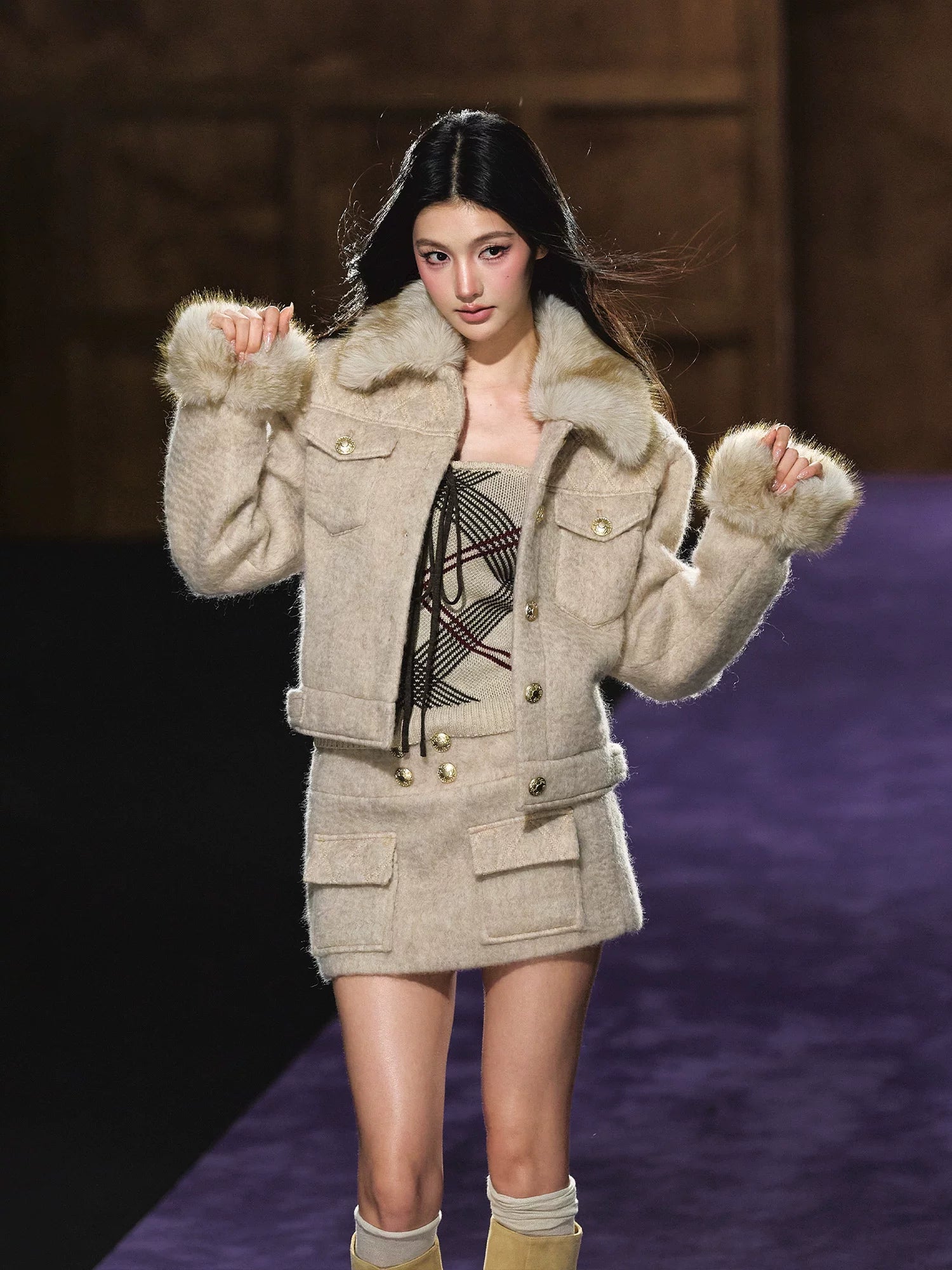 Oatmeal Quilted Wool Jacket & Skirt Set