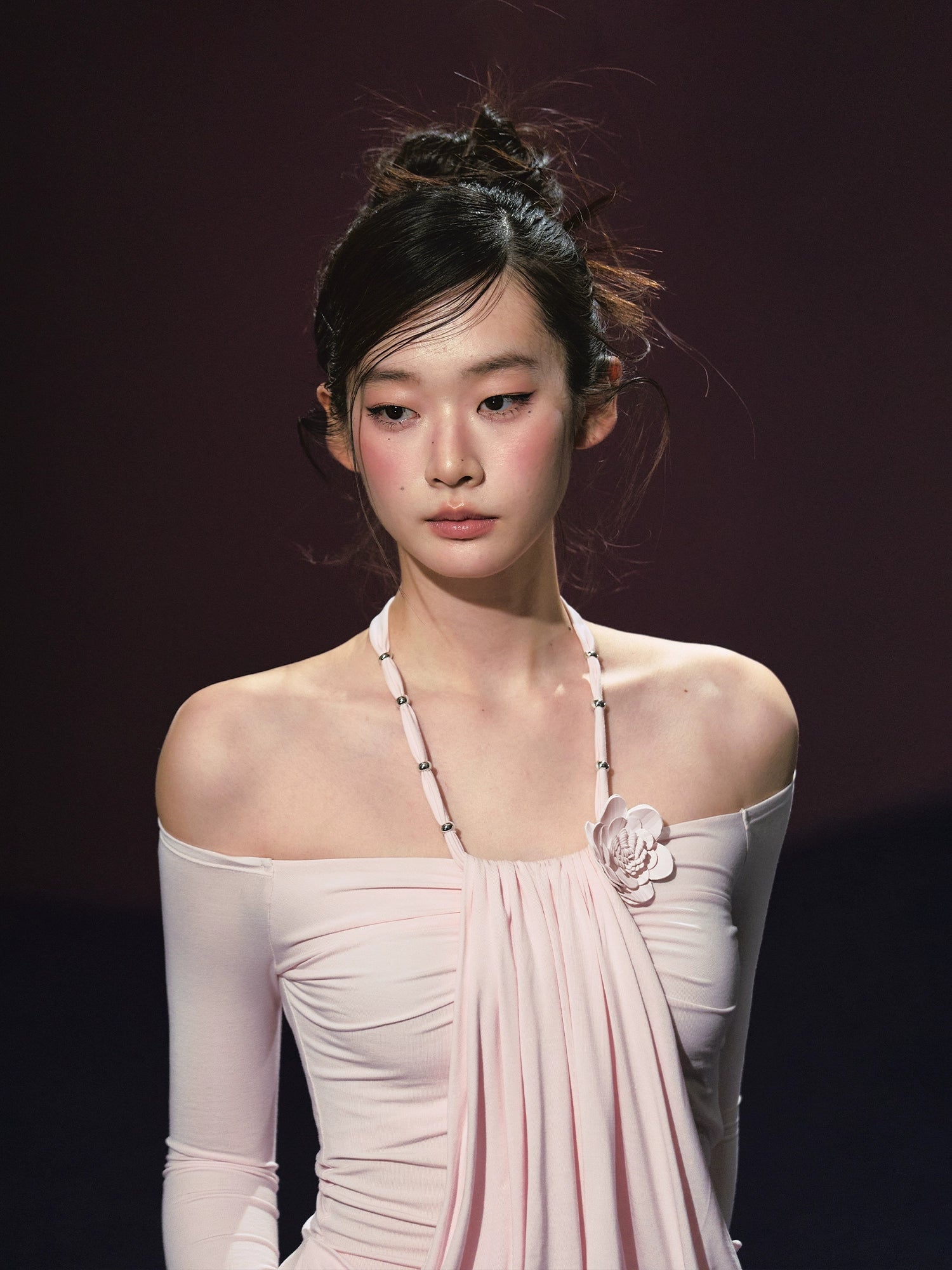 Fake Two-Piece Halter Ruched Floral One-Shoulder Blouse