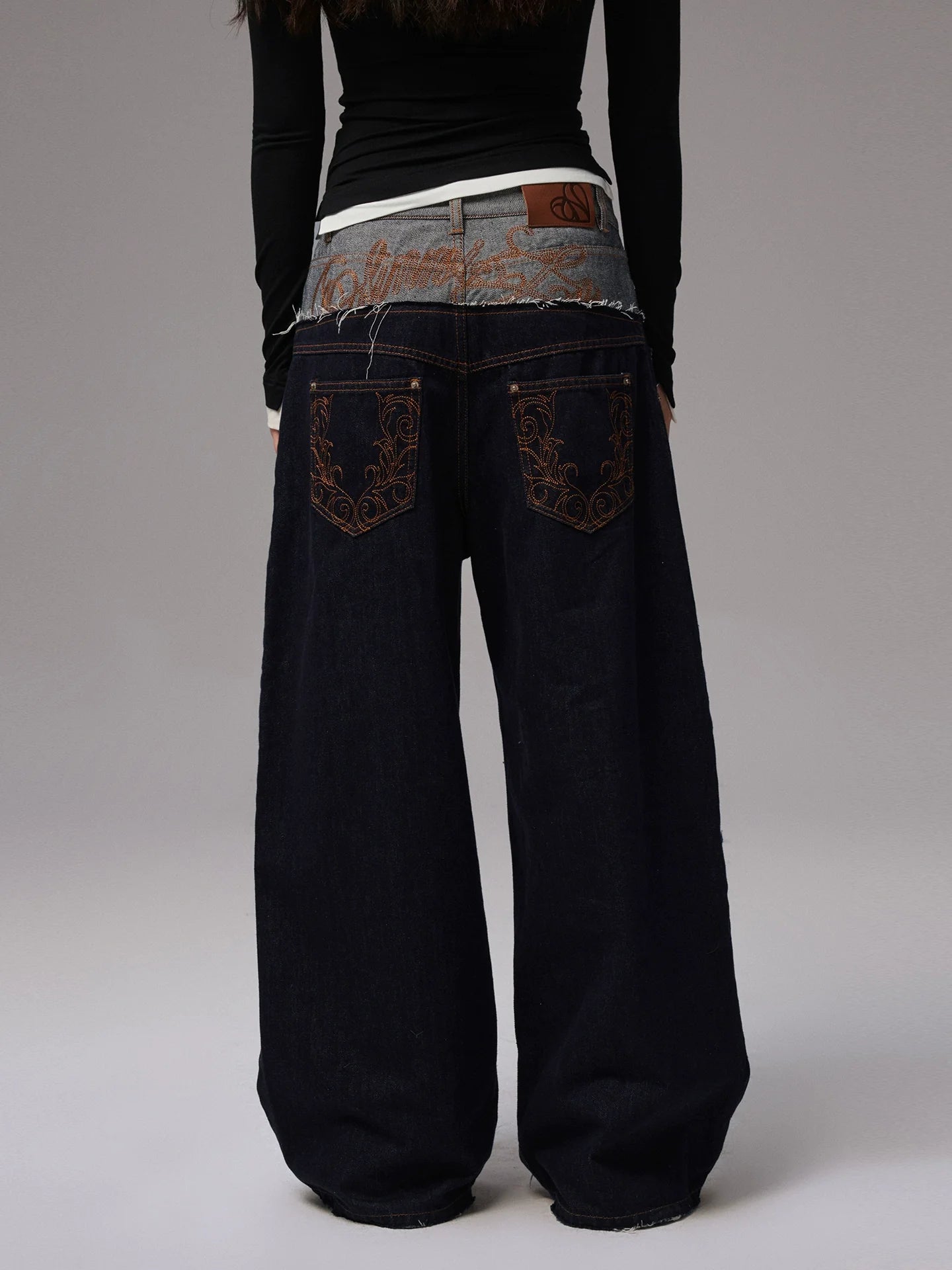 Double Waistband Raw Denim Wide-Leg Jeans