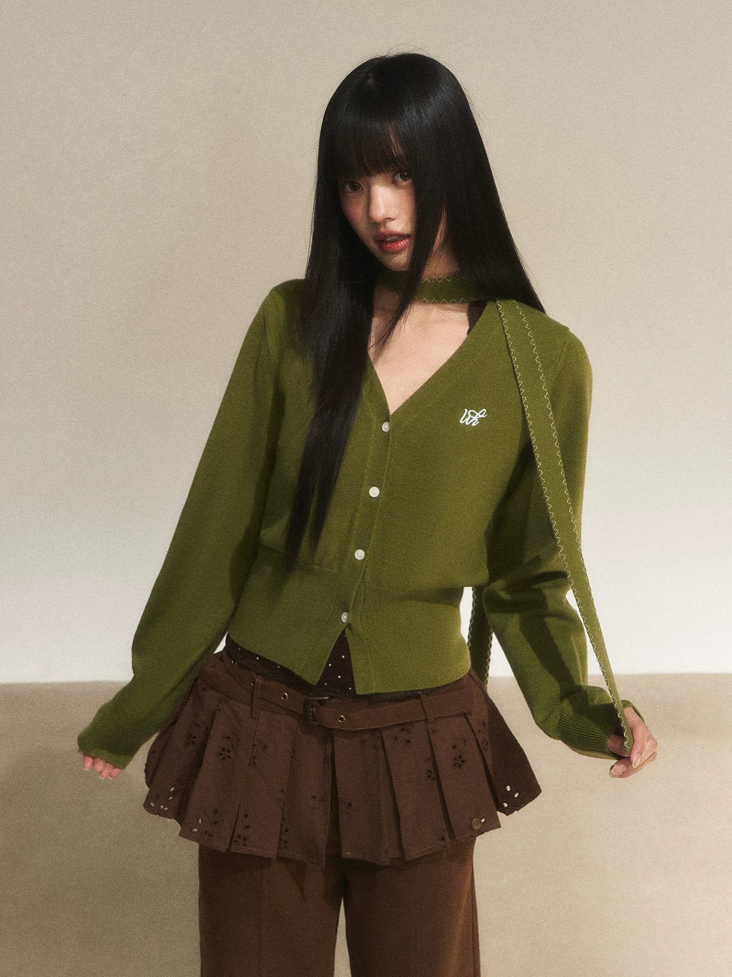 Vintage Green V-Neck Knit Cardigan