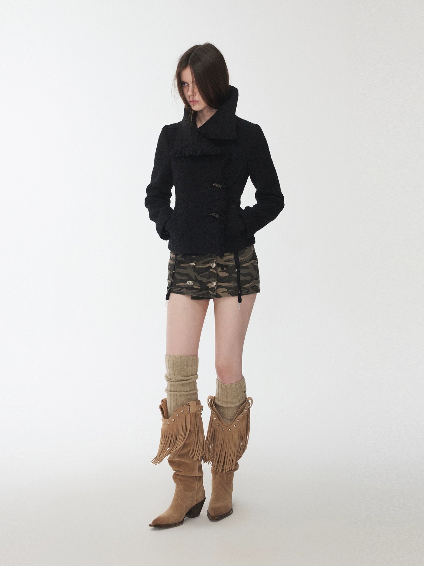 Wool Blend Short Jacket with Horn Buttons
