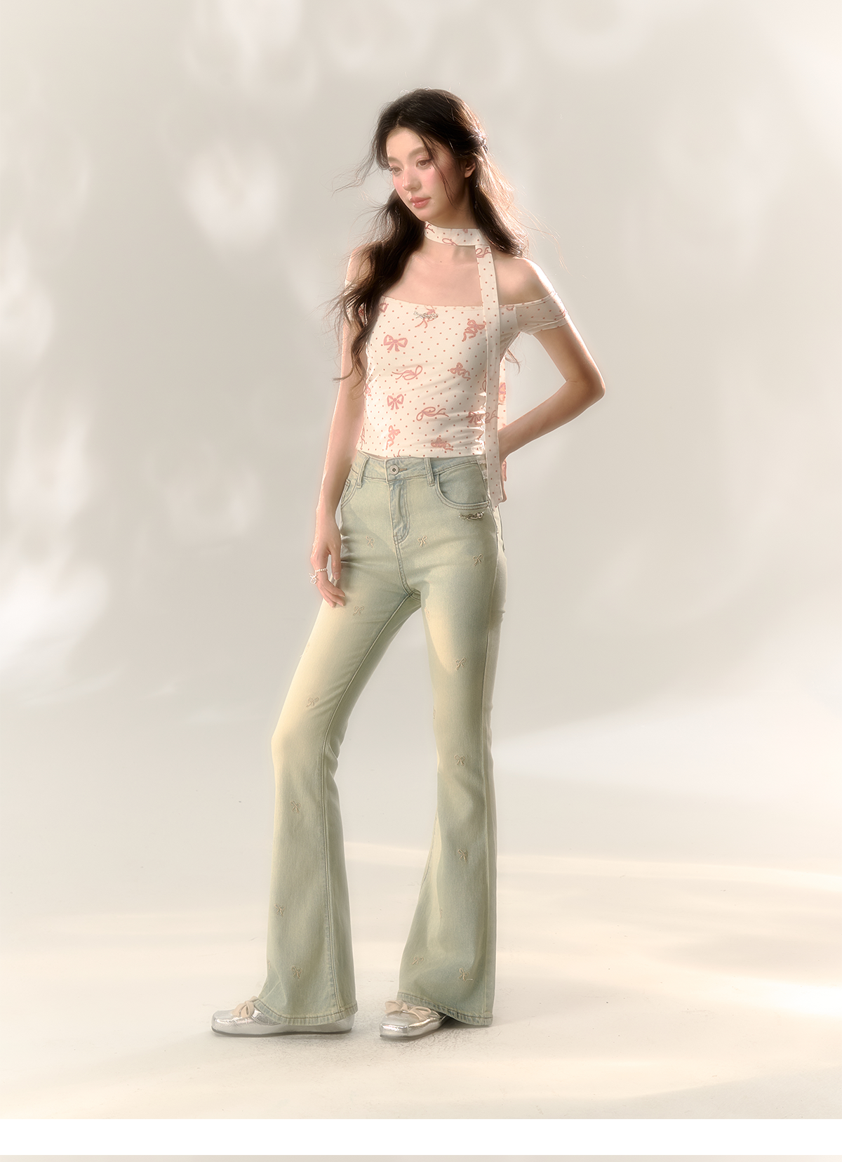 Red Polka Dot & Pink Butterfly Mesh One-shoulder T-shirt