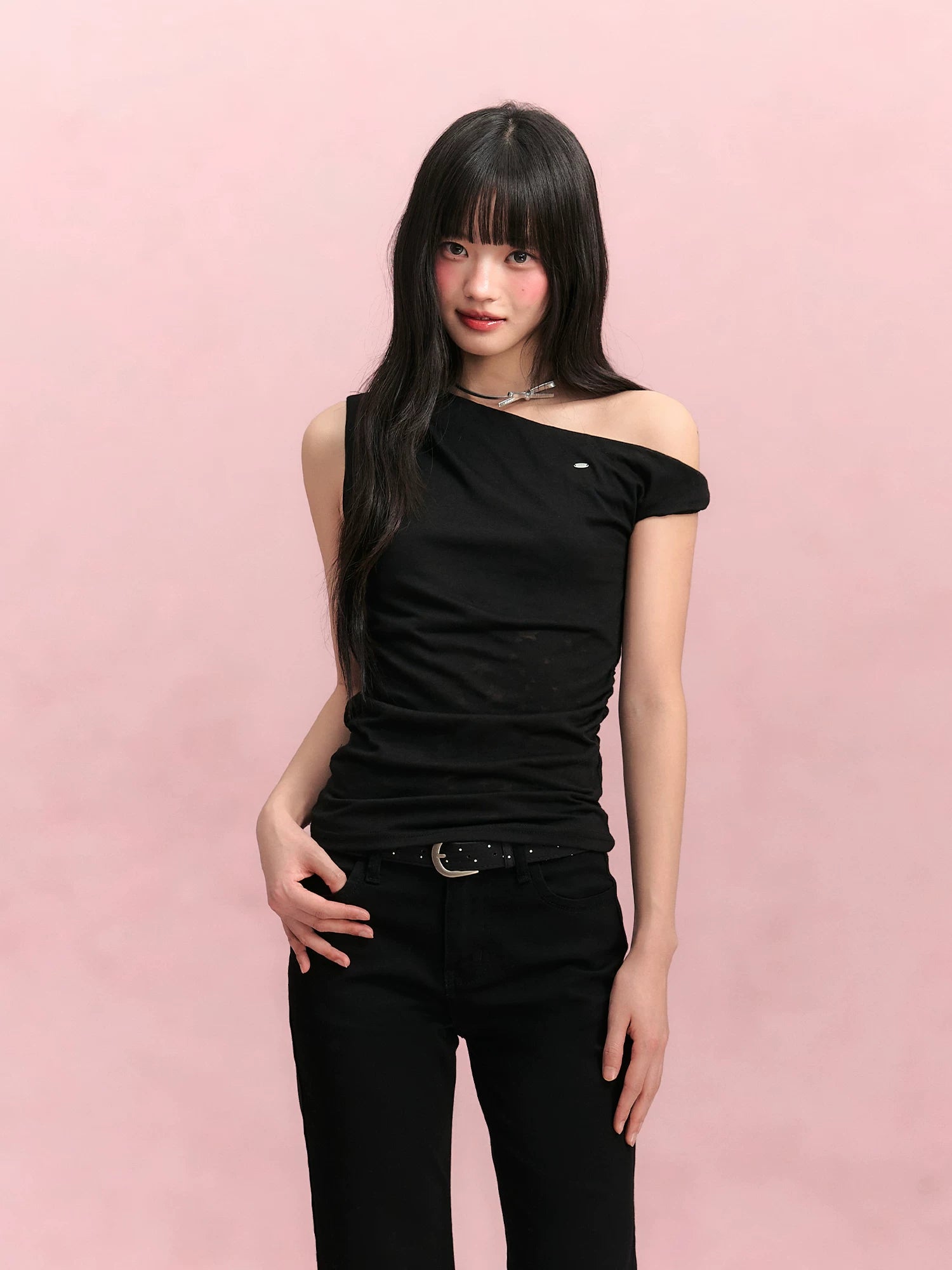 Black Asymmetric Shoulder Top