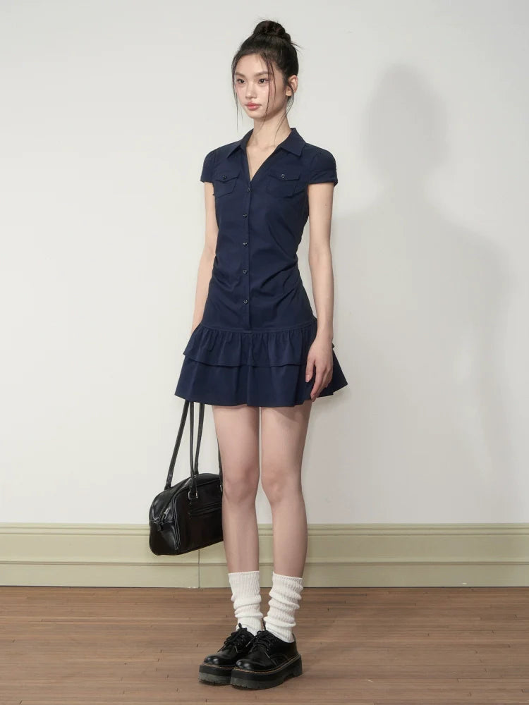 Waist-Cinching Elastic Short - Sleeve Shirt Dress