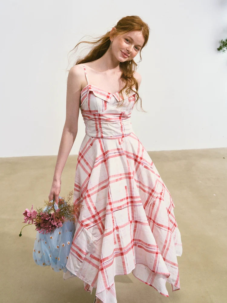 Plaid Irregular Waist-Cinching Spaghetti Strap Dress